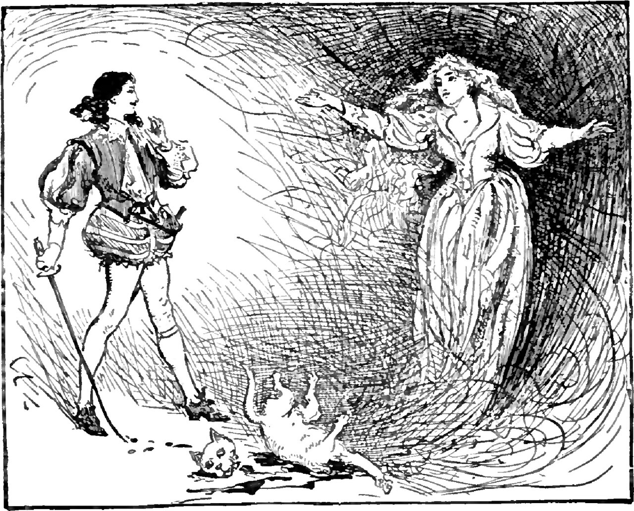 A young man stands at the left with a sword lowered point down and his head turned to the right, the White Cat's body lying sprawled on the floor with its severed head beside it, and at the right a young woman with long loose hair and a full gown standing with both arms flung wide inside a swirl of hatched lines