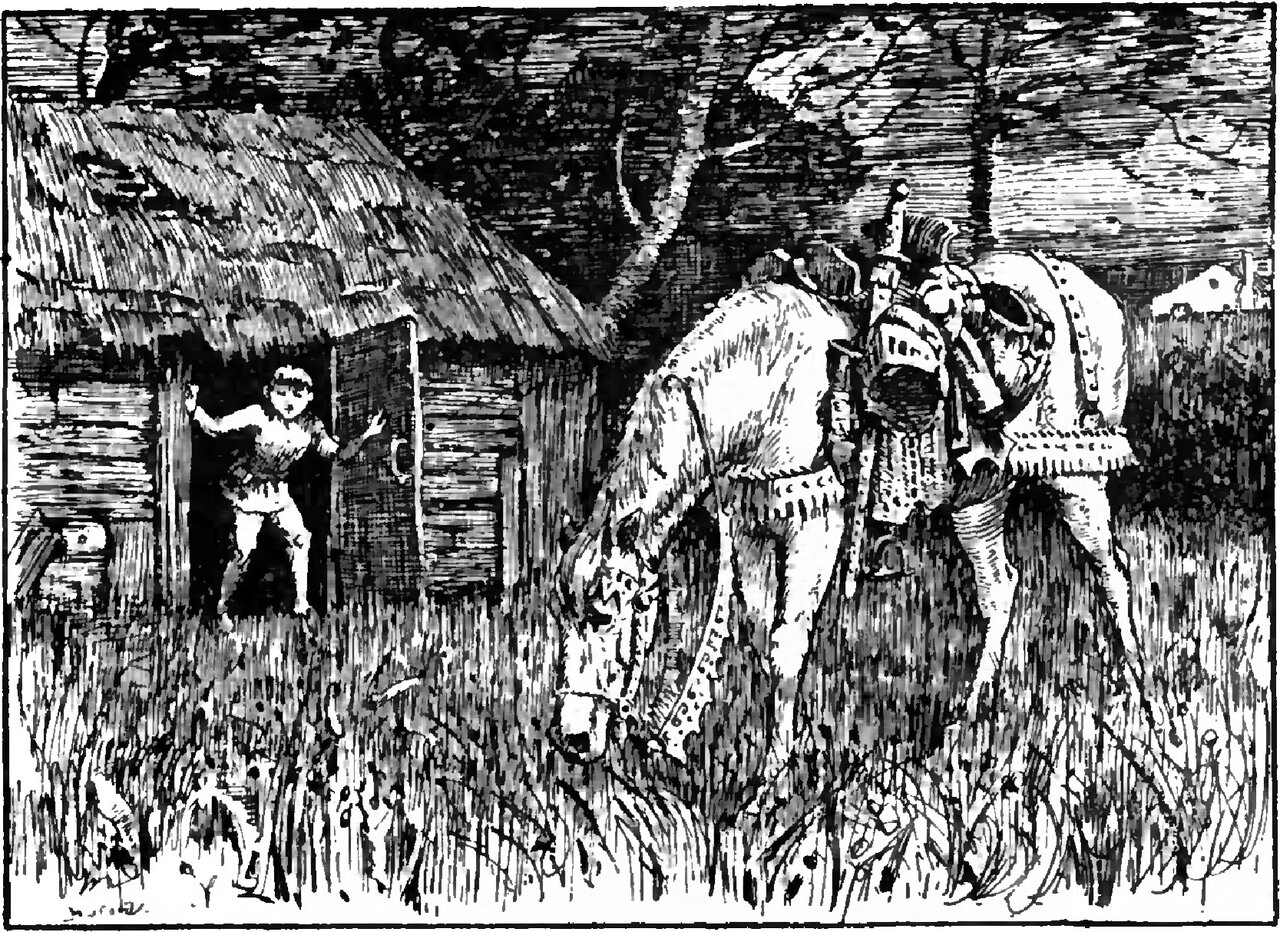 Cinderlad leans out of the open door of a thatched log barn, one hand against the doorpost and the other against the swung-back door, looking at a big pale horse standing a few paces off in the long grass with its head down feeding, saddled and bridled and carrying a suit of armour on its back with a visored helmet and the hilt of a sword showing above it, under bare trees against a dark hatched sky