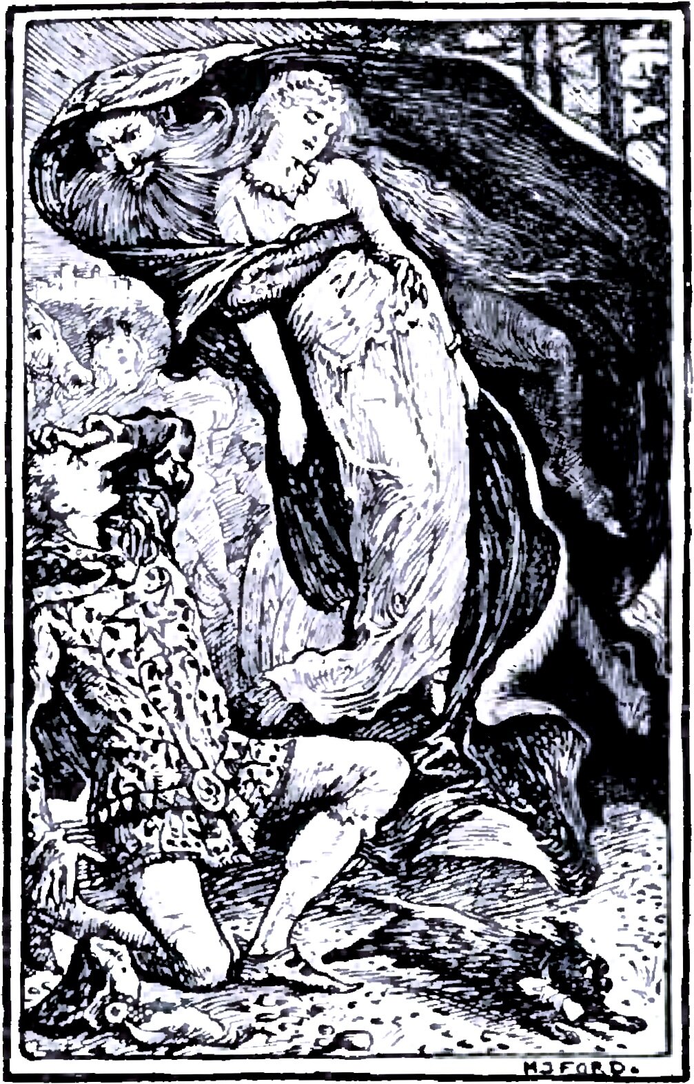 A bearded old man in a cap, wrapped in a great dark cloak that sweeps across the whole top of the plate, carries off the Dear Little Princess, who hangs limp against him with her eyes closed, her head fallen back and her long hair streaming out behind her, while below them on the ground a young man in a richly patterned short tunic with a large round clasp kneels on one knee, one leg braced under him and an arm thrown out to his side