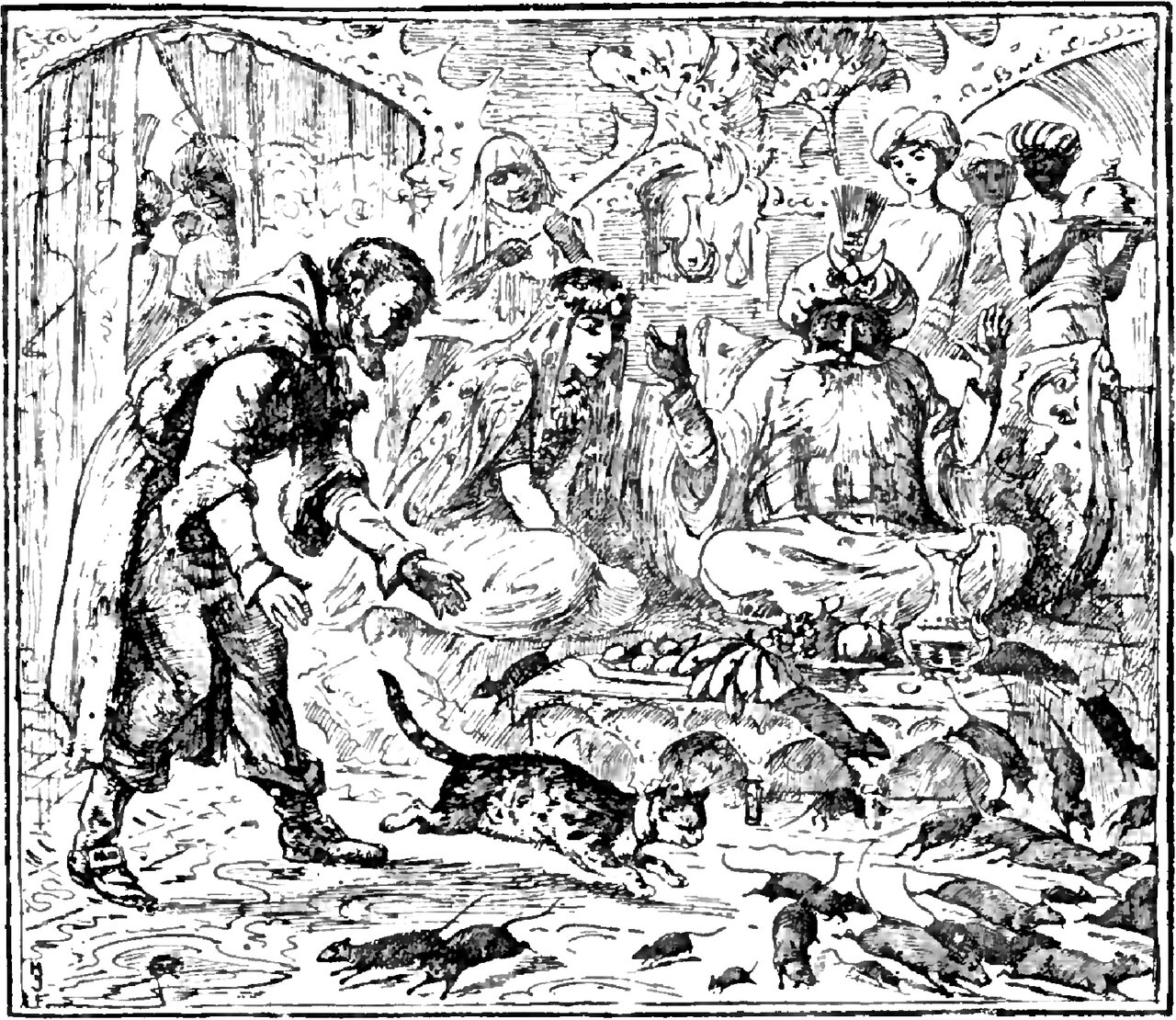 In a hall hung with curtains a bearded European man in cloak, jerkin and boots stoops forward with both hands stretched out towards a tabby cat crouched low on the floor in mid spring, in front of the turbaned King and the Queen, who sit cross-legged with their hands raised behind a long low spread of fruit, bananas, covered bowls and a footed cup, while turbaned attendants stand behind them, one carrying a covered dish on a tray, and rats and mice run over the floor and across the food