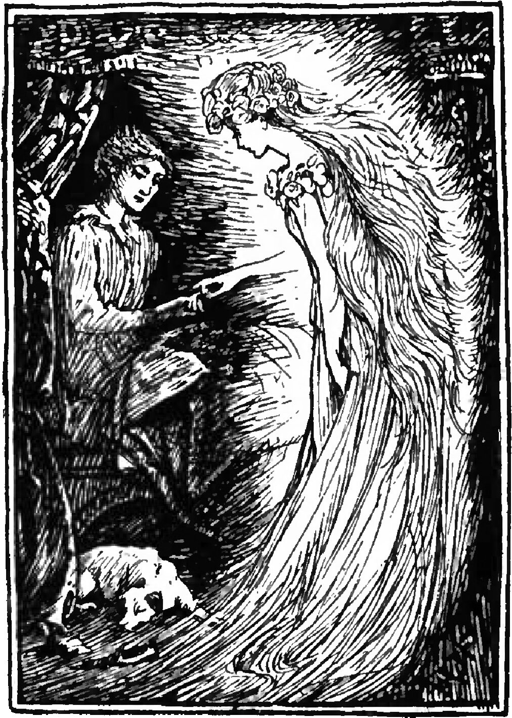The Fairy Truth, in a long trailing white gown with a wreath of roses on her head, a cluster of roses at her breast and her hair streaming out behind her, reaches her hand down to meet the outstretched fingers of Prince Darling, who sits leaning forward in a loose shirt against a dark background while a small white dog lies on the ground below them
