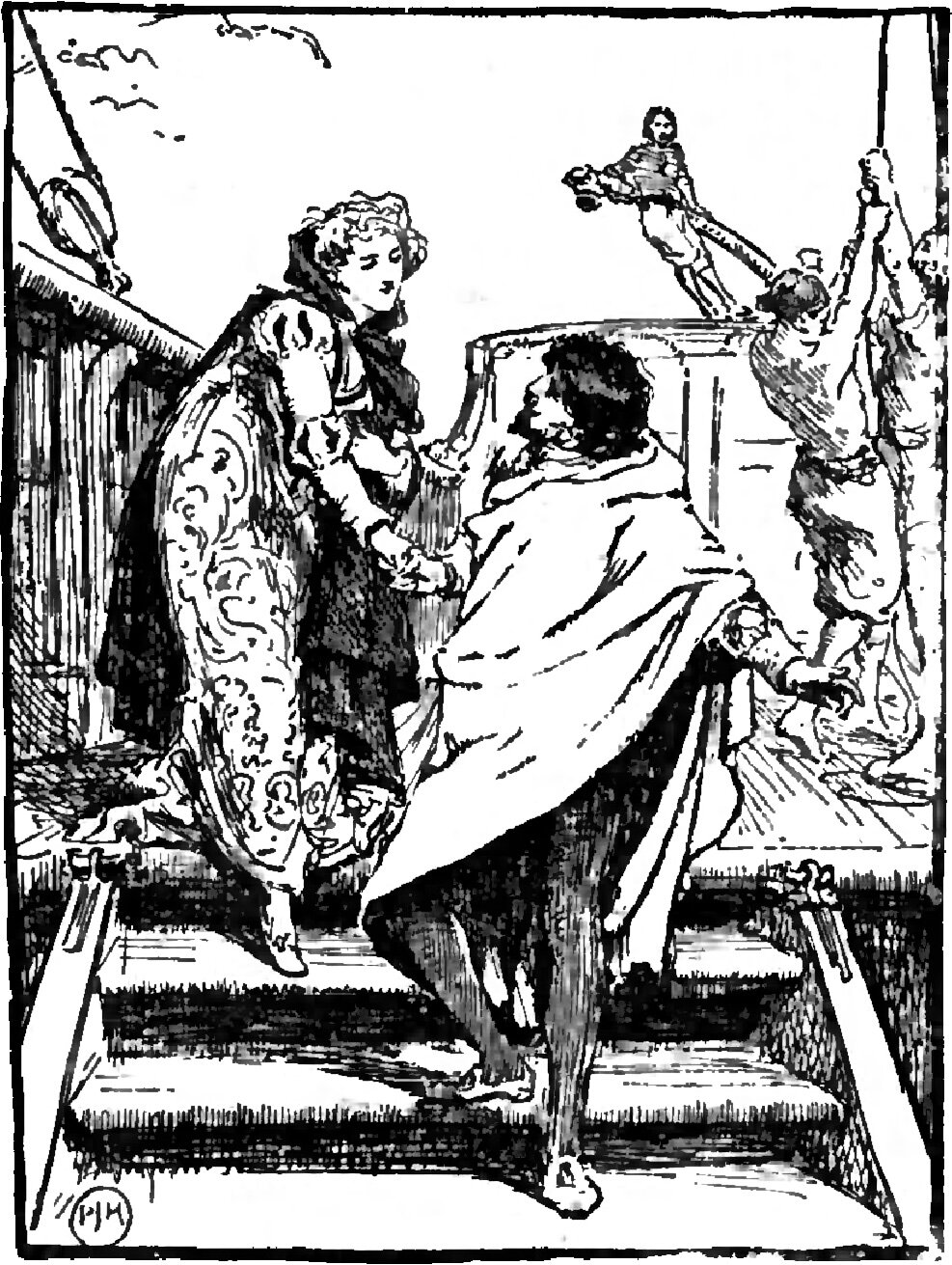 A crowned woman in a long embroidered mantle comes down a flight of steps hand in hand with a bearded man wrapped in a heavy plain cloak, who has his other arm out behind him; above and behind them two figures work at a rope against a mast and a third stands holding out a shallow dish
