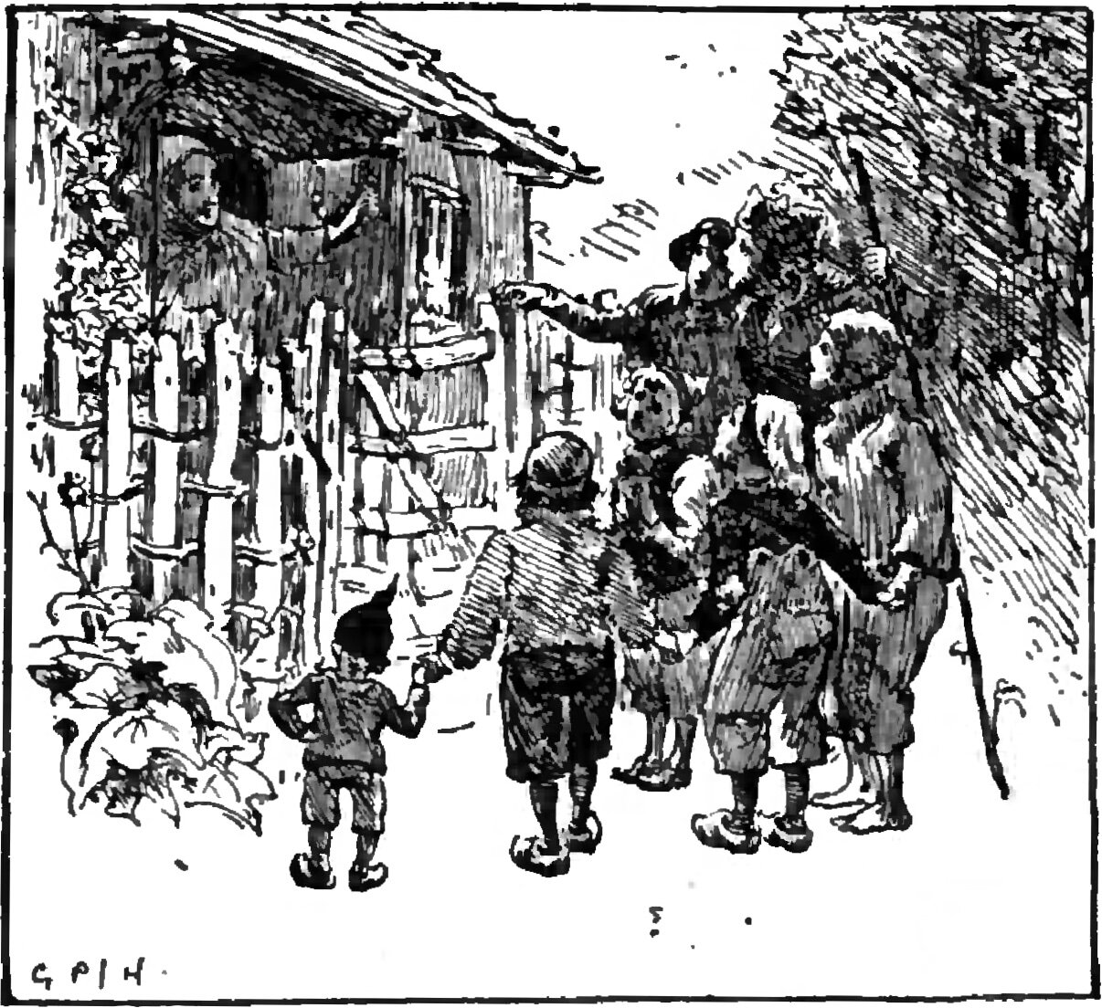 Outside a thatched cottage behind a paling fence, a crowd of small boys presses up to the gate, the tallest of them in a cap flinging an arm out toward the house with his mouth open, while a woman stands in the shadow of the open doorway with one hand raised and two smaller boys in clogs cross the foreground