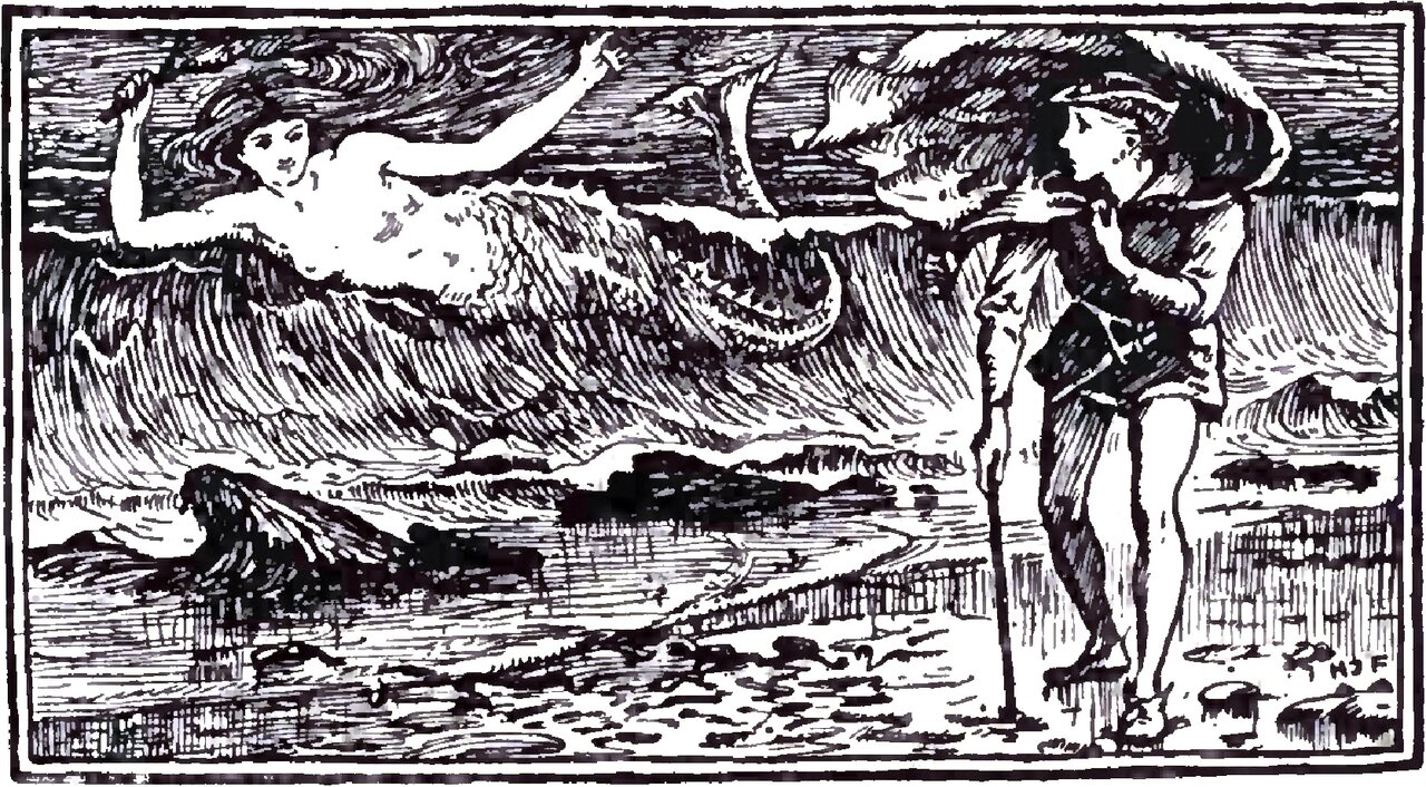 A wide vignette: a bare-shouldered mermaid lies along the crest of a breaking wave with her scaled tail curling up behind her and one arm raised holding a small object; on the wet sand at the right a young man in a short belted tunic stands leaning on a long staff with his hand at his chin, a great fan of spray or a shell rising behind his head; low rocks break the water between them