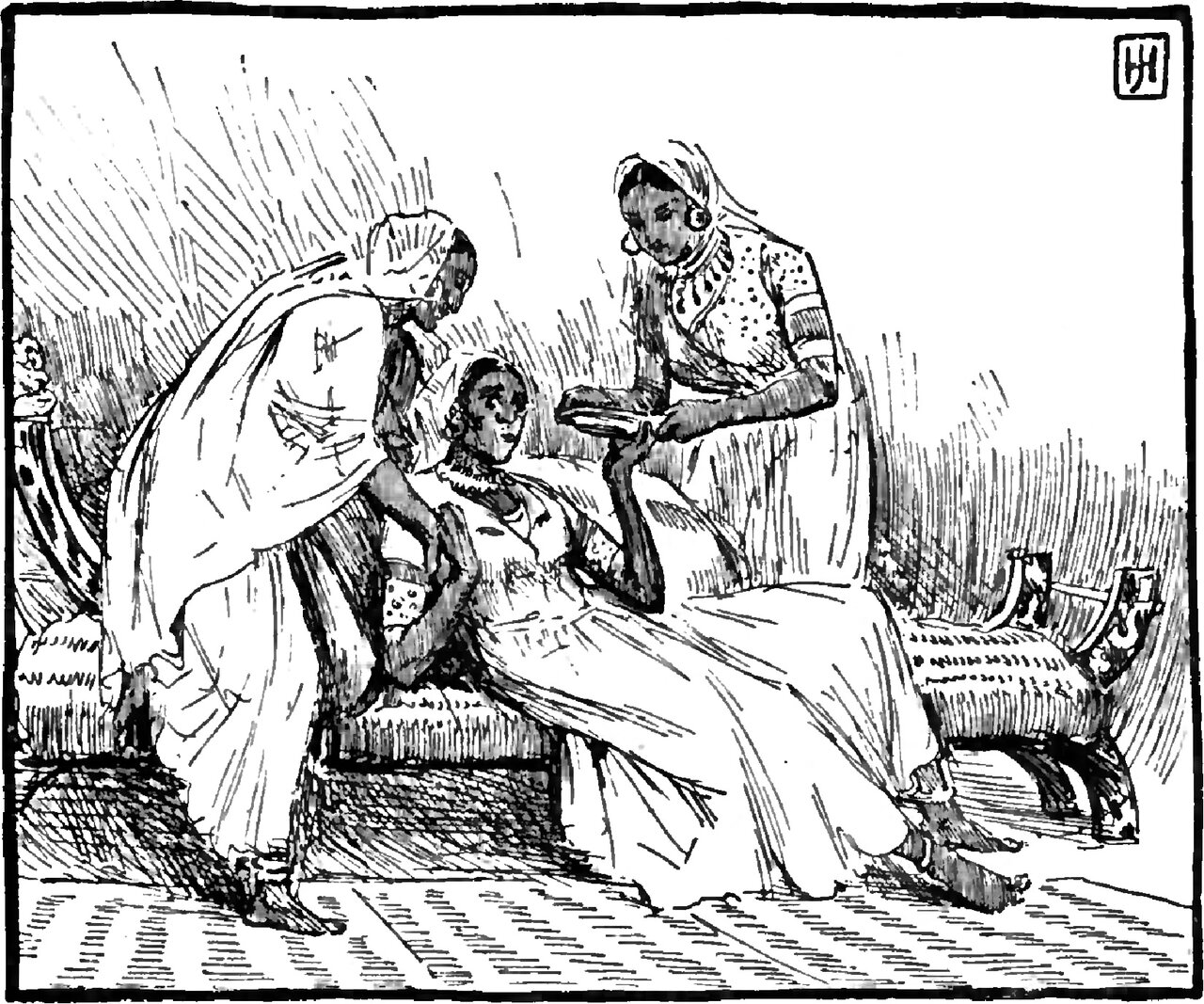 Three women in a tiled room, one lying propped on a low couch in a white robe and head-cloth, a second in a long robe and headscarf bending over her from behind with an arm round her shoulders, and a third with hoop earrings and a beaded bodice seated on the edge of the couch holding out a shallow dish toward her