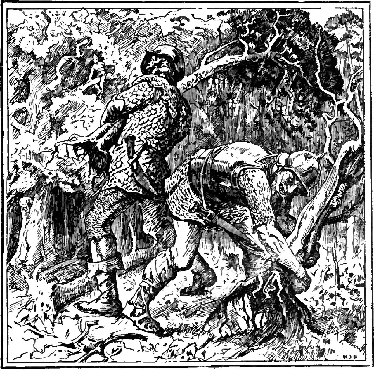 Two giants in scale armour and helmets stand close together among the trees of a wood, the nearer seen from behind and stooping forward, the further doubled right over with his face contorted and both hands gripping a tree trunk, while high in the branches at the upper left the little tailor sits astride a bough