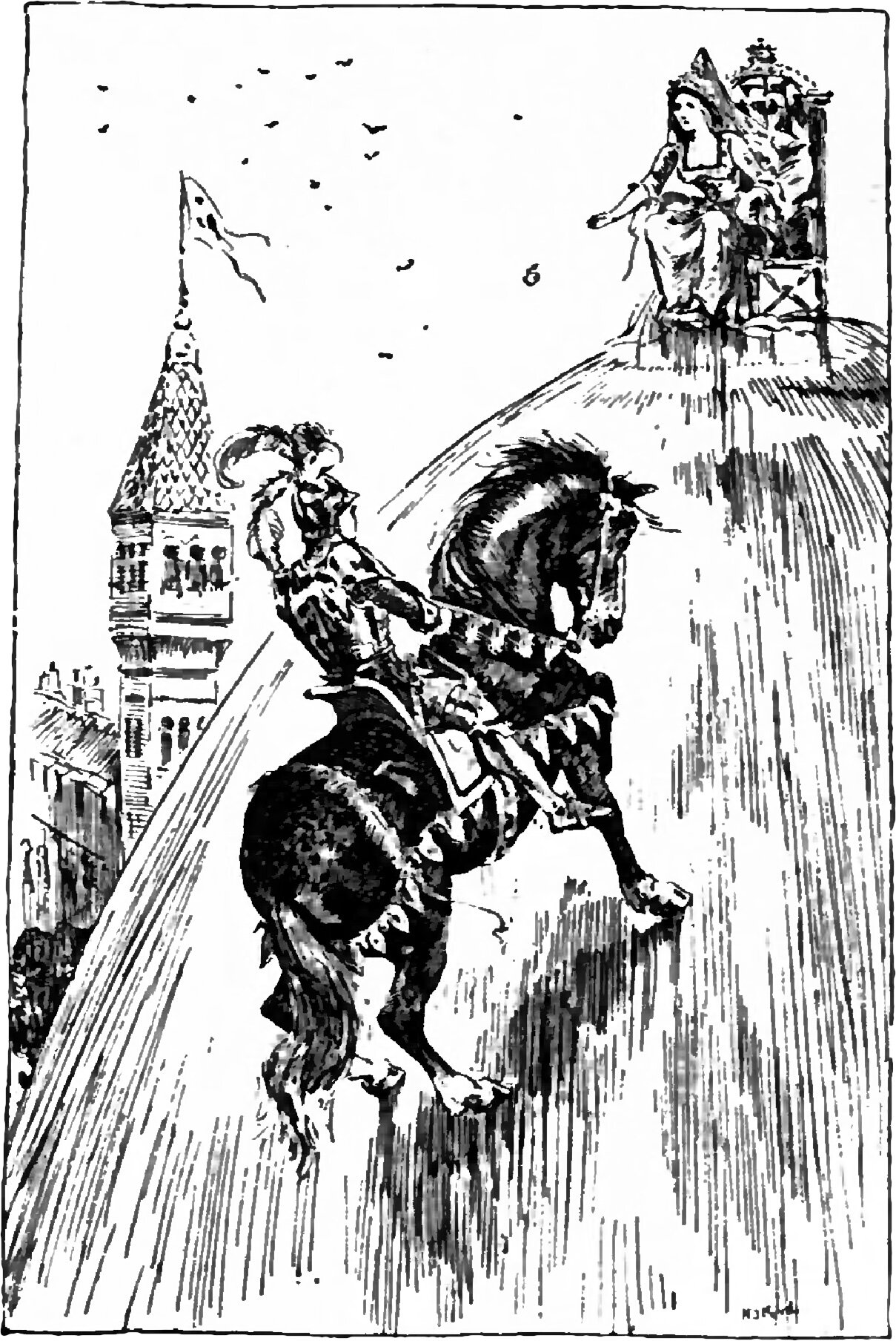 A knight in plate armour and a tall plumed helm, seen from behind, rides a dark horse up the steep smooth flank of the glass hill with its forelegs off the surface, while at the crest the Princess sits on a high-backed throne in a pointed veiled headdress with one arm stretched out and a small round apple in the air between her hand and the rider, and a tower with a pennant and three small onlookers at its gallery stands below to the left