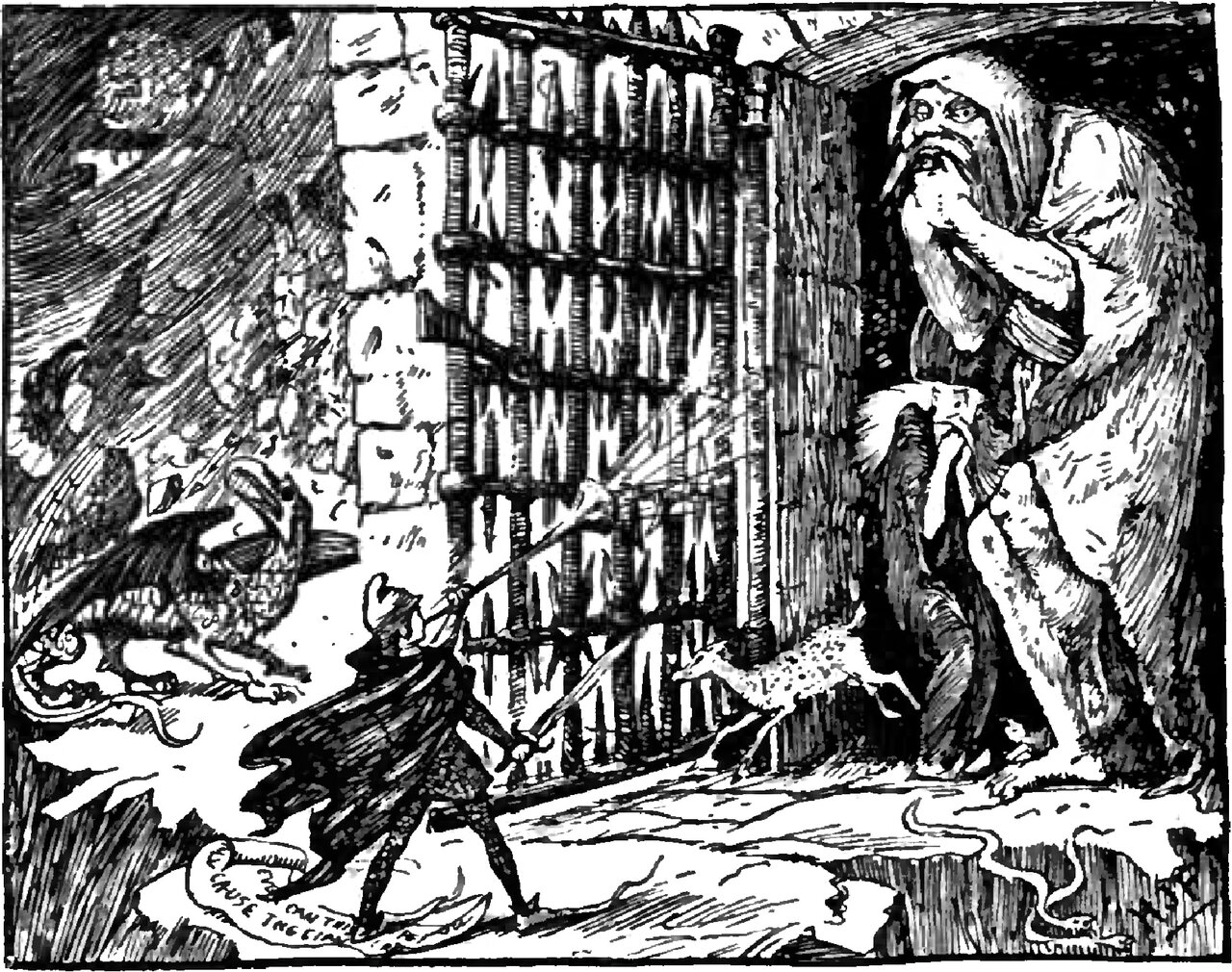 Jack, seen from behind in a cap and a streaming cloak, strides toward a massive iron barred castle gate and lifts a long straight trumpet to his lips, a lettered scroll curling on the rock at his feet, a crouching winged beast at the foot of the wall on his left, a dappled deer bounding across in front of the bars, and in the dark archway at the right a huge shaggy bearded giant and a smaller cloaked figure standing with their hands raised to their mouths