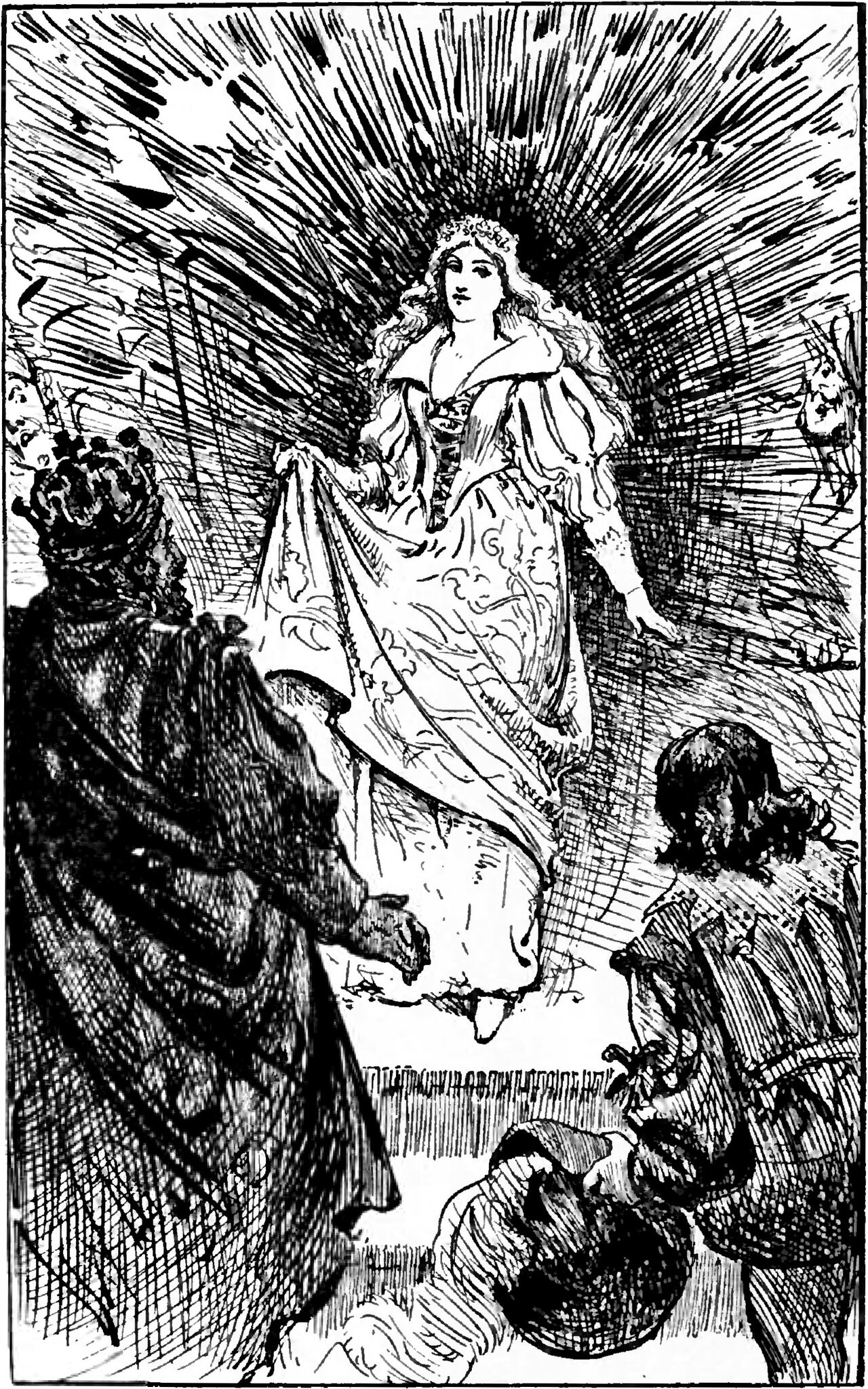 The Princess, crowned and with long fair hair, stands in a full embroidered gown with puffed sleeves and a wide collar, lifting her skirt in one hand, at the centre of a blaze of light raying out all round her, while in the foreground a king in a crown and a heavy dark cloak faces her with his back to the reader and a young man with long dark hair bows low beside him with a round hat held in front of him