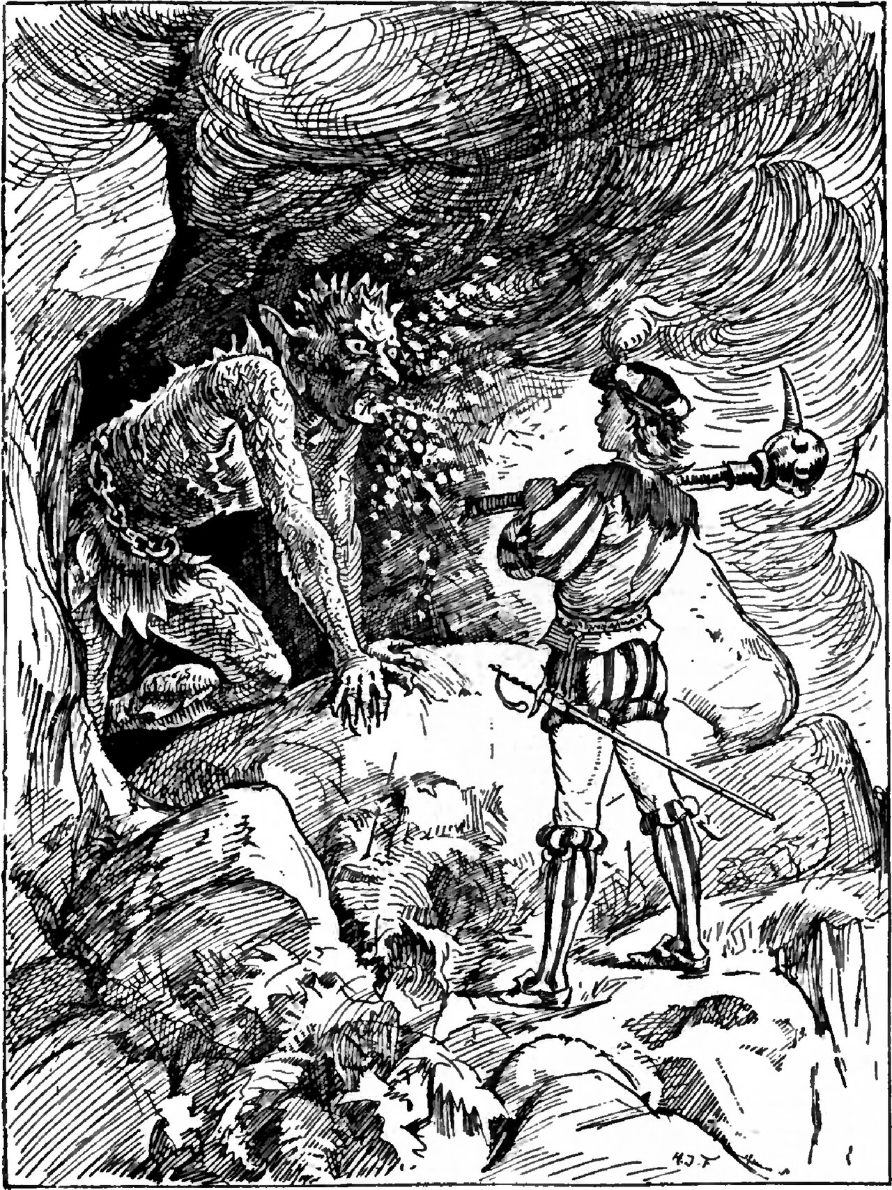 The Prince, in doublet, striped trunk hose and a plumed cap with a long thin sword hanging at his hip, stands on the rocks with a knobbed club held out at his side and faces a hunched scaly creature with long pointed ears and a crest of spikes, which crouches at the mouth of a dark cave with a shower of sparks streaming from its face across the stone, swirling smoke filling the upper part of the plate