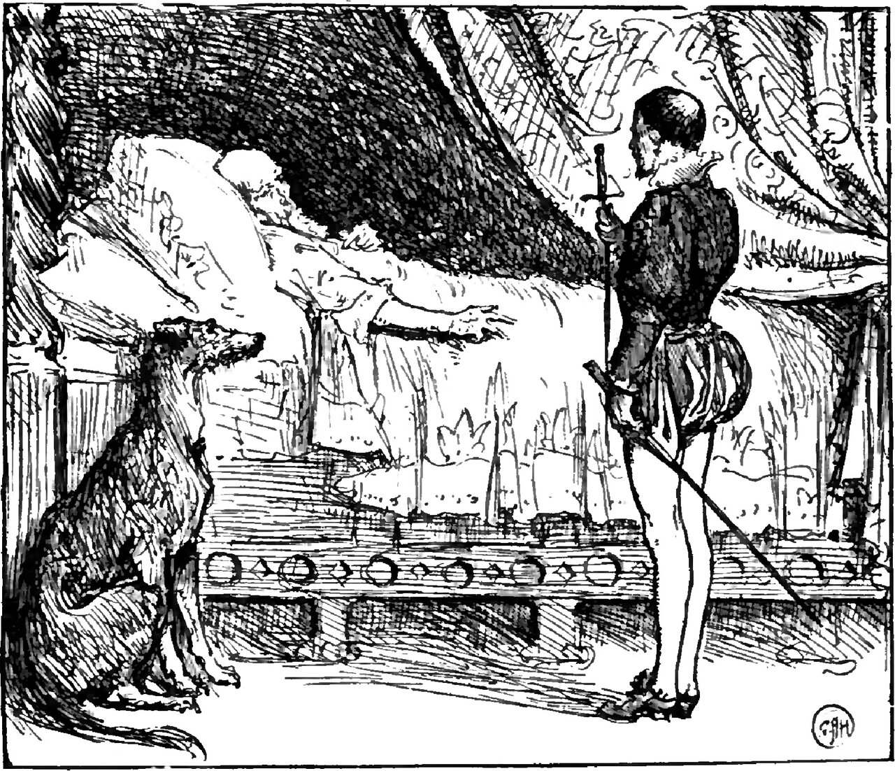 In a curtained bedchamber an old man lies propped high on pillows and stretches one arm out across the bed; a young man in a dark doublet, trunk hose and a sword stands at the foot of the bed with his back to the viewer, one hand on the hilt; a large rough-coated hound sits upright on the floor at the left with its head turned toward the bed