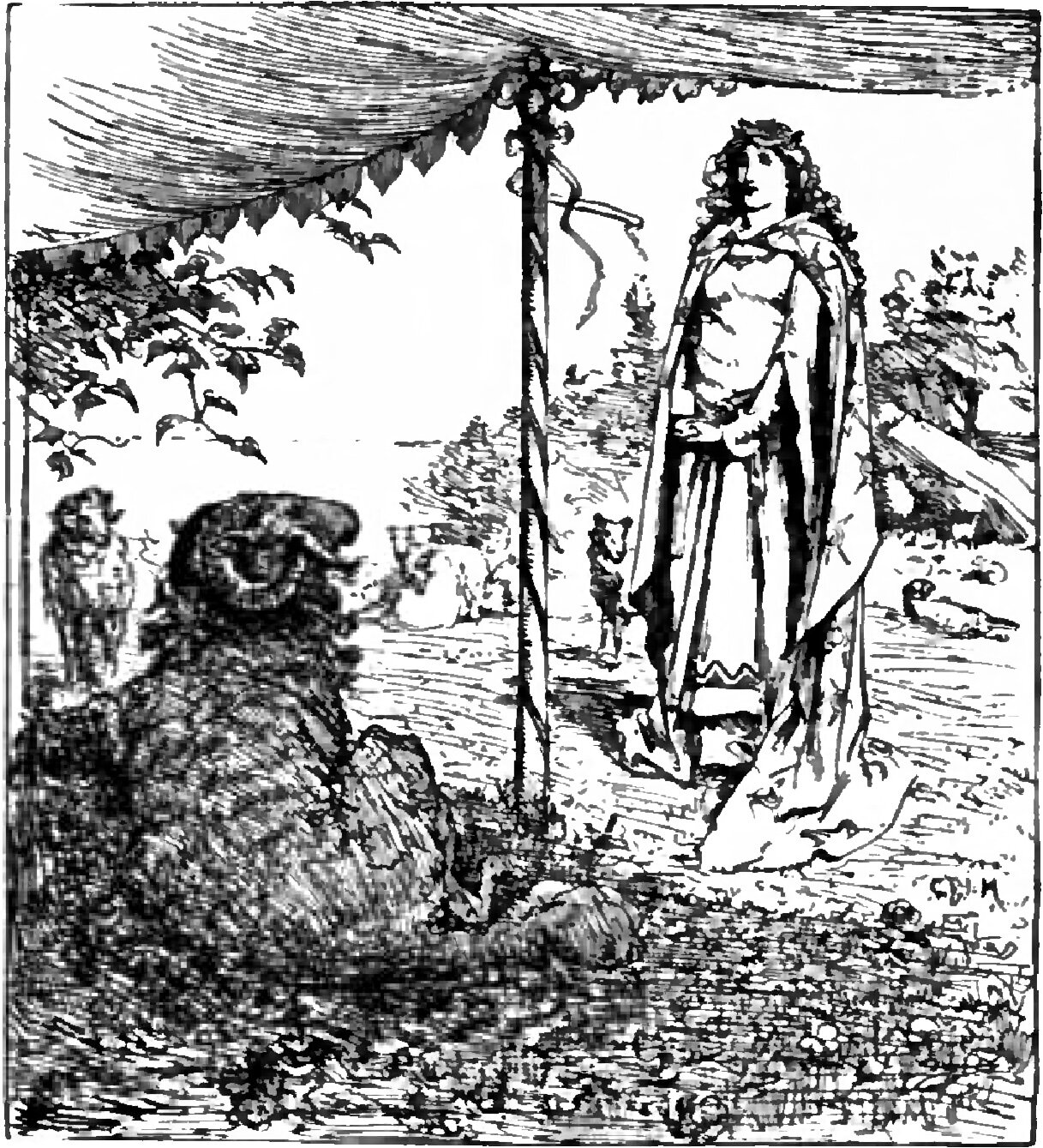 The great Sheep lies on the grass in the left foreground under a fringed canopy slung from a tall pole, his horned head turned toward Miranda, who stands at the right in a long cloak over a gown with a zigzag hem, her hands folded in front of her, with another sheep at the left edge and a smaller animal of the flock further off in the middle distance