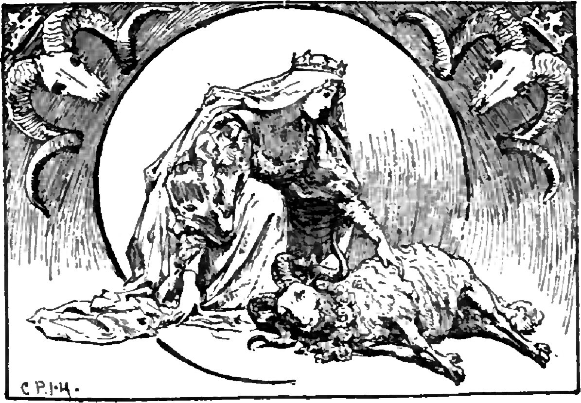 Miranda, crowned over a long veil, kneels bowed low over the Sheep, which lies stretched on the ground with its legs out straight and its head down, a great plain arch rising behind the two of them and carved scrollwork filling the upper corners of the frame