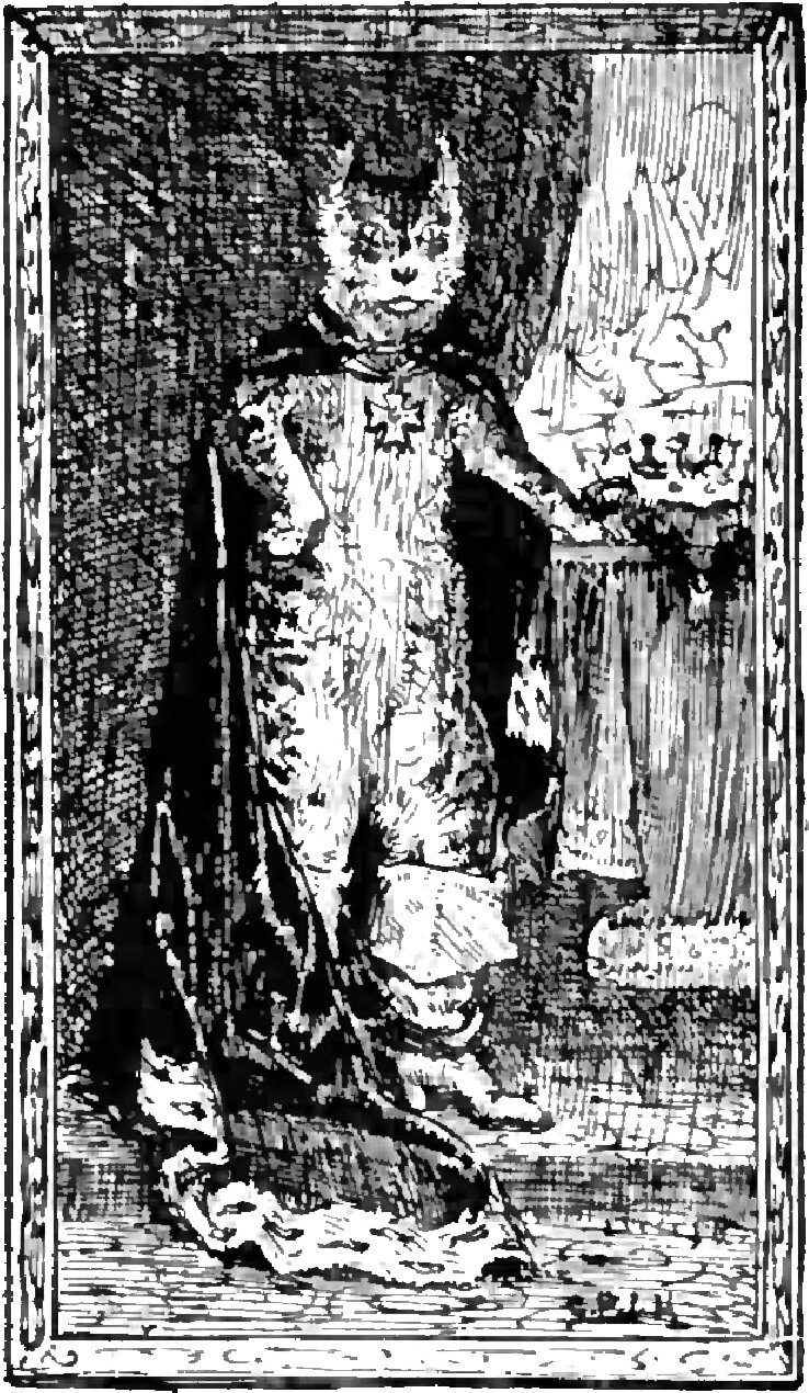 Within an ornamented rectangular border the Cat stands alone and full length, facing the viewer in the robes of a great lord, a dark fur-edged mantle over a pale gown with a cross-shaped badge at his throat, one paw laid on a draped table at the right where a coronet stands, a heavy curtain behind him and his train spread over the tiled floor
