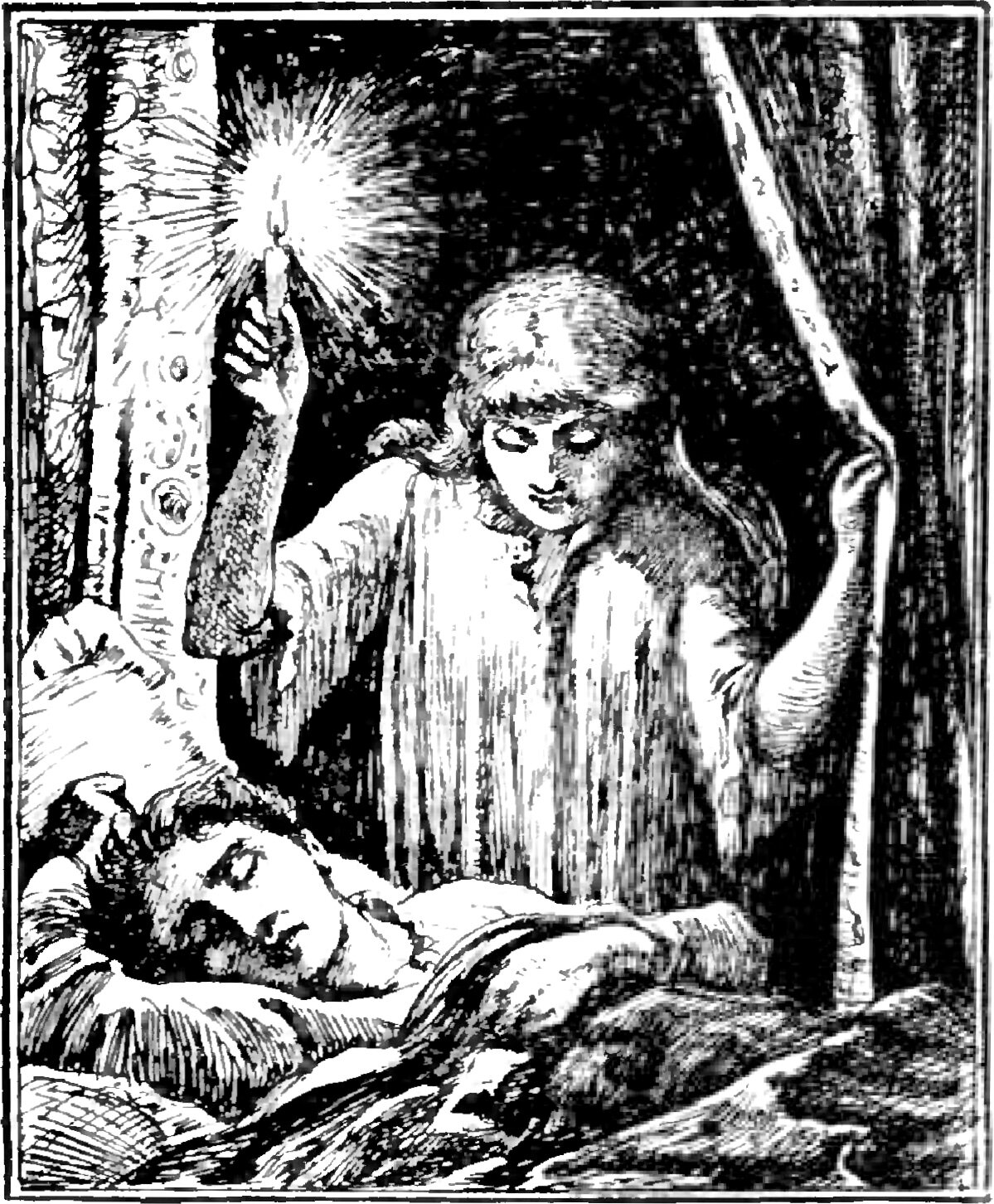 In a dark chamber the youngest daughter, in a loose white shift, leans over the sleeping Prince and holds a burning candle high in her right hand while gripping an upright bedpost with her left, looking down at his face as he lies on the pillow with his eyes closed and one hand raised beside his head