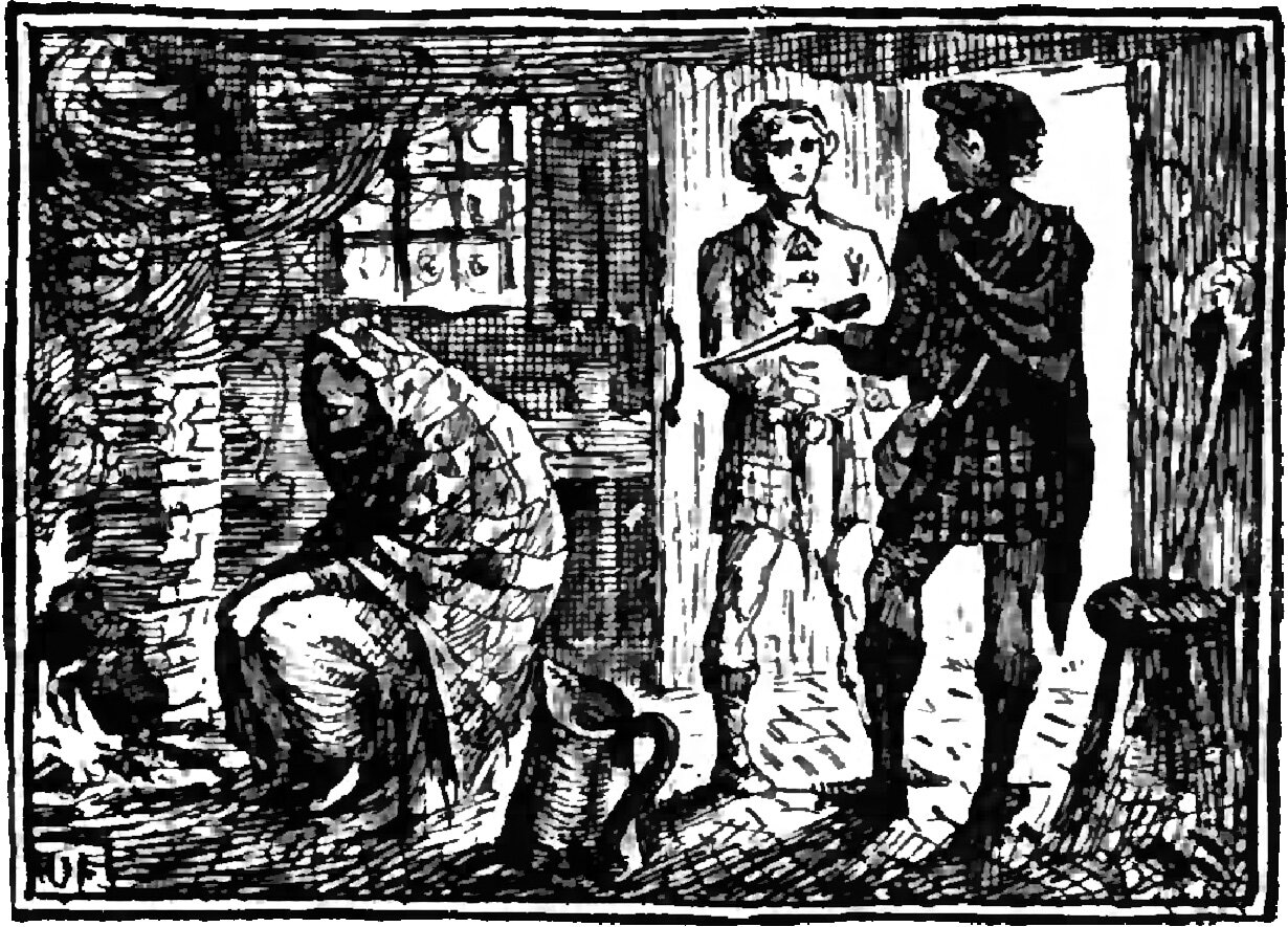 In a cottage kitchen an old woman in a hooded cloak sits hunched over the fire with a large jug on the floor beside her, while two young men stand together in the open doorway behind her, the bareheaded one holding a knife out in front of him and the other wearing a flat bonnet with a plaid across his chest over a kilt