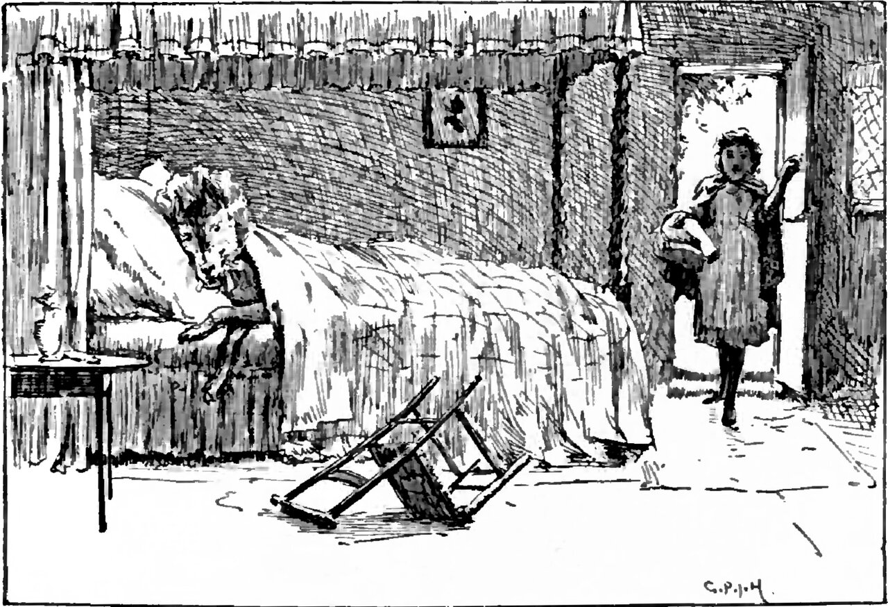 Inside the grandmother's room the Wolf lies in the curtained bed with its head on the pillow and one forepaw stretched over the edge, a small table and jug beside it and a chair lying overturned on the floor, while Little Red Riding-hood steps in at the open door on the right with a cloth-covered basket at her side and one hand raised to the door