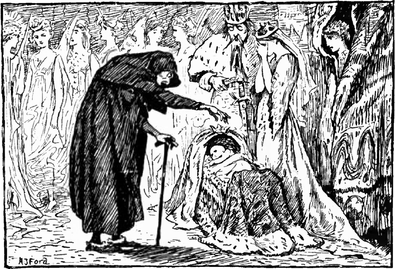 The old fairy, bent under a long dark hooded cloak and leaning on a stick, stretches her free hand out over a hooded cradle standing on the floor, in which a swaddled infant lies, while behind the cradle the King, crowned and bearded, holds a sceptre beside a second crowned figure in an ermine mantle, and winged figures in long pale gowns crowd the room on both sides
