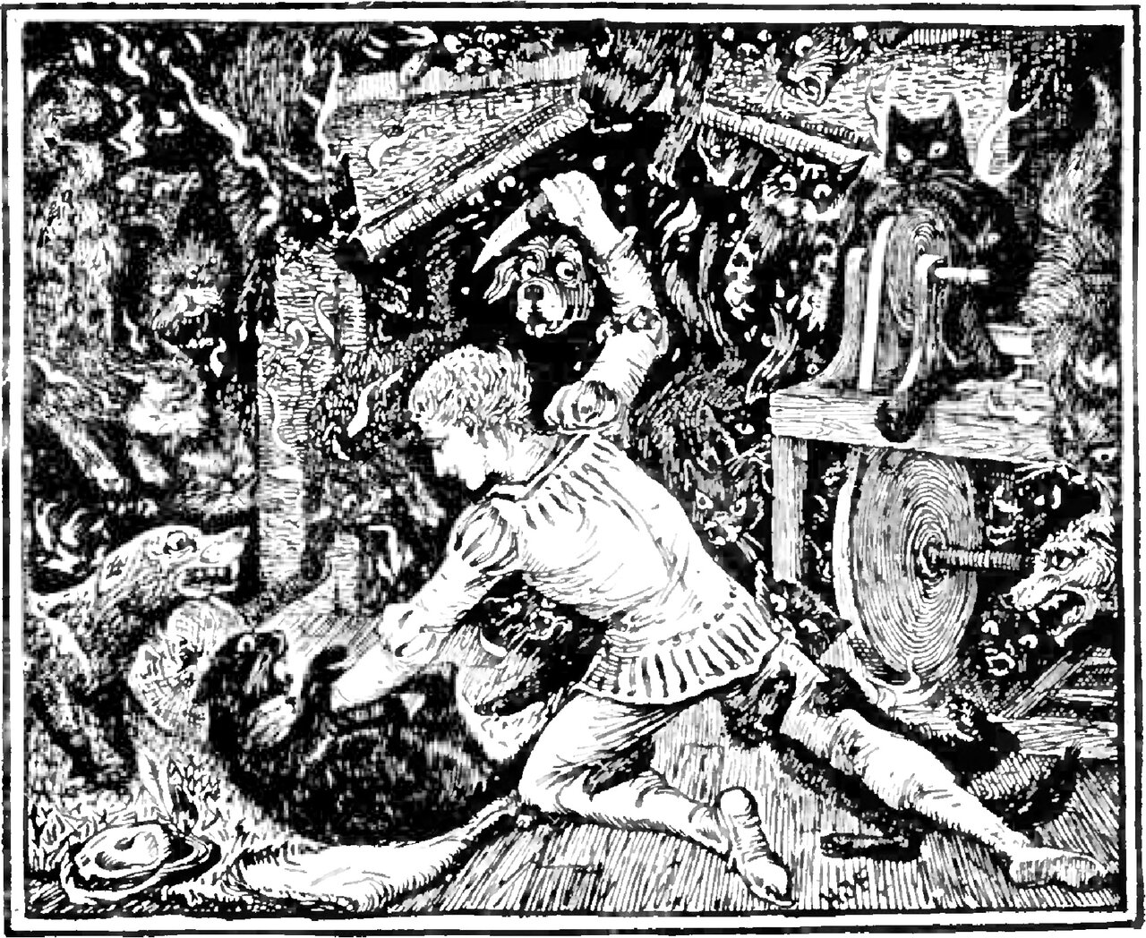 The youth, in a belted smock, sprawls forward across the floorboards of a dark room with a knife raised in his fist and his other hand reaching out, ringed by shaggy dogs and cats that press in out of the shadows, one black cat sitting up above the wooden bench and its great disc wheel at the right