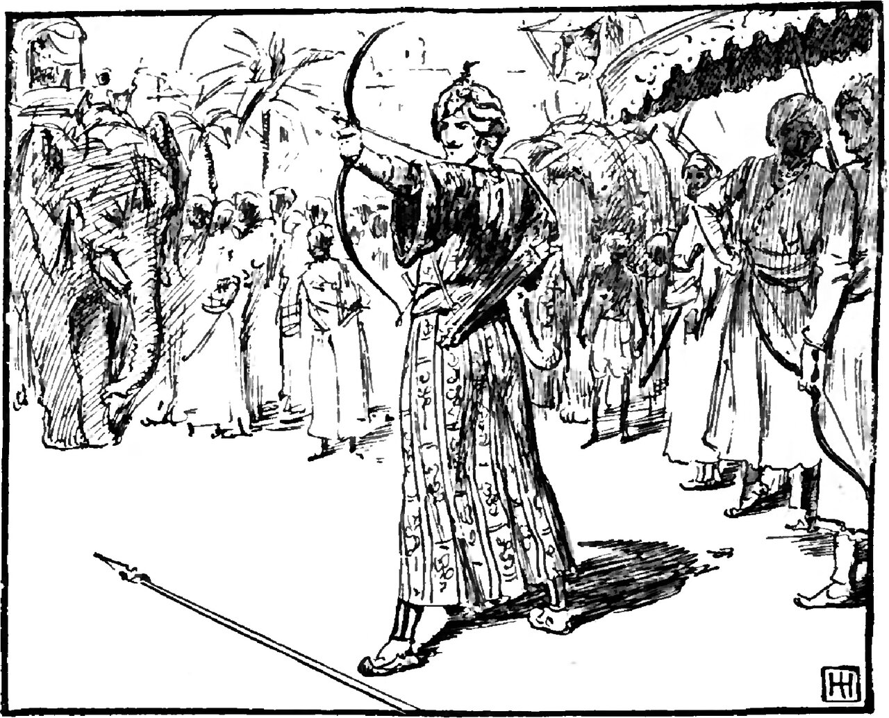 A young man in a turban and a long embroidered coat draws a bow on open ground before a crowd of robed onlookers, an elephant standing behind him at the left among palm trees, a large fringed canopy carried on a pole at the right where two men wait, one of them holding a bow of his own, and a long shaft with a pointed head slanting across the empty foreground