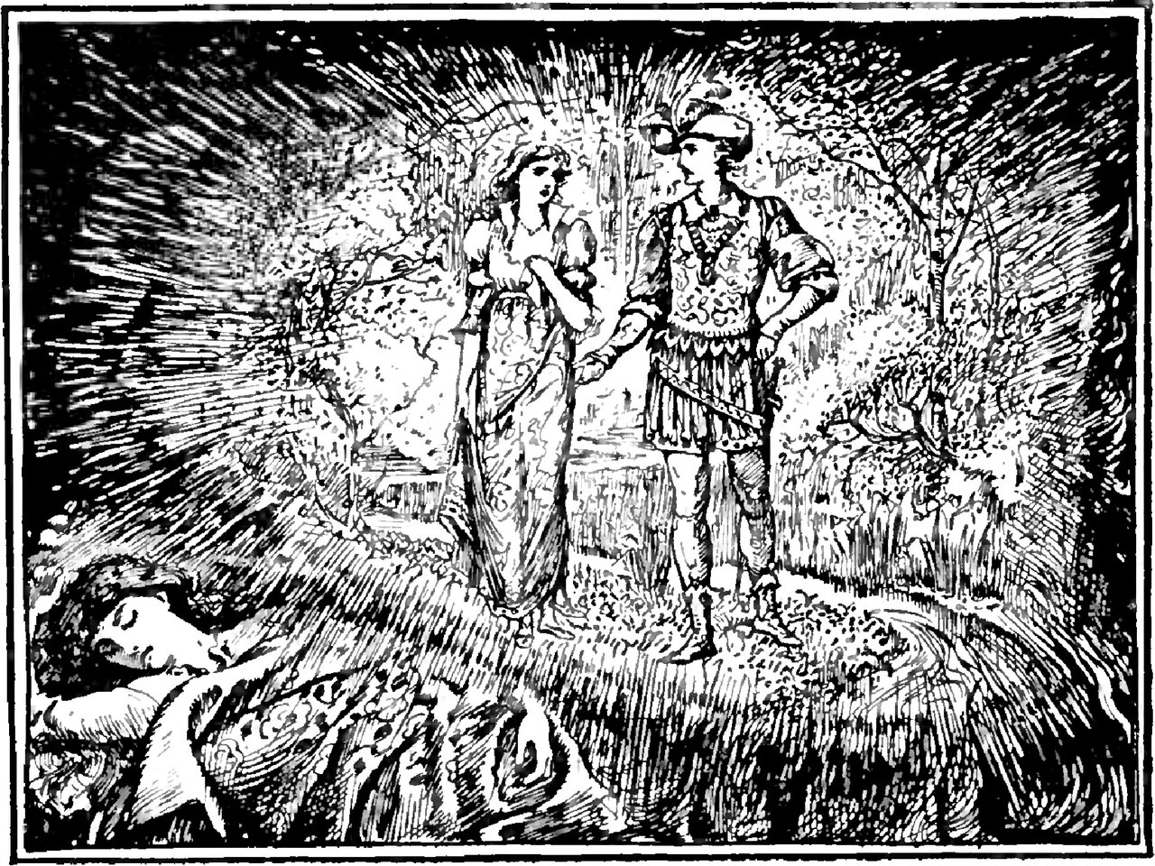 A young woman lies asleep with her head on a pillow in the lower left corner while behind her, in a burst of radiating light, a woman in a long trailing gown with a circlet in her hair stands hand in hand with a young man in a plumed cap, an ornamented tunic and a studded belt