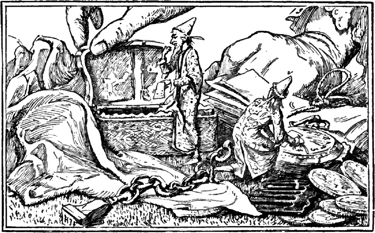 Two tiny men in tall pointed caps and long gowns stand among a giant's belongings, the long-bearded one at a great open chest with a quill behind his ear and one hand raised, the other stooping over one of several huge coins, while a giant hand reaches down from above and a heavy chain lies across the grass in the foreground
