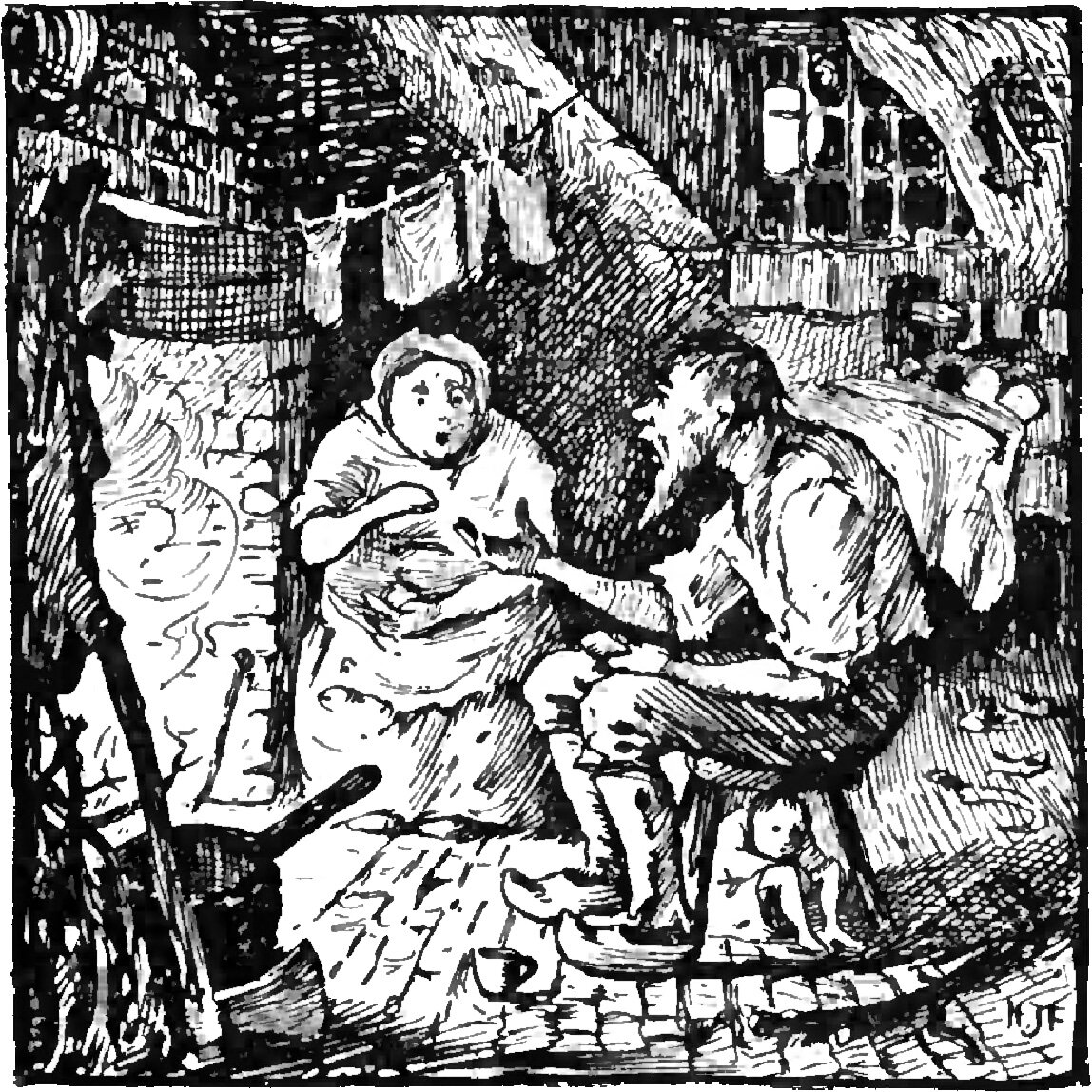 In a cottage room hung with washing and shelved with crockery, a woman in a white cap sits at the left with one hand held out and her mouth open in speech, a man in shirtsleeves sits facing her on a low stool with his elbows on his knees and his head bowed, and a very small boy, Little Thumb, crouches out of sight beneath the stool