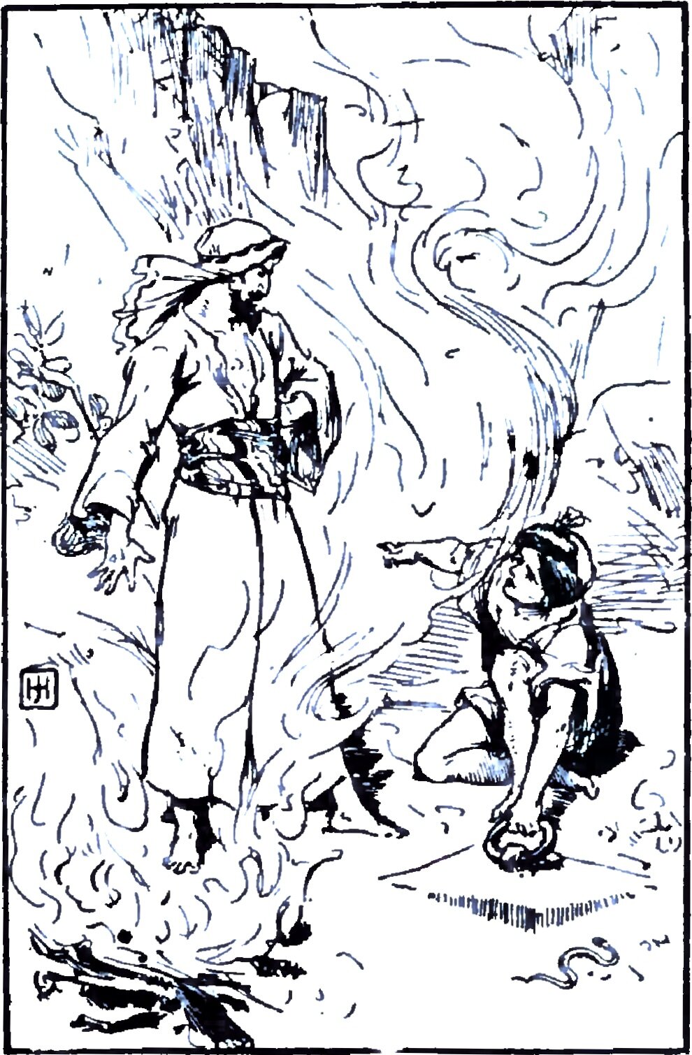 A bearded man in a turban and a long belted robe stands barefoot in the middle of leaping flame and rolling smoke with one hand held open and low at his side, while a boy in a short tunic has fallen to one knee on the ground at the right, twisted round to face him with one bare arm flung out; a rock wall rises behind at the upper left and brands burn on the ground at the lower left