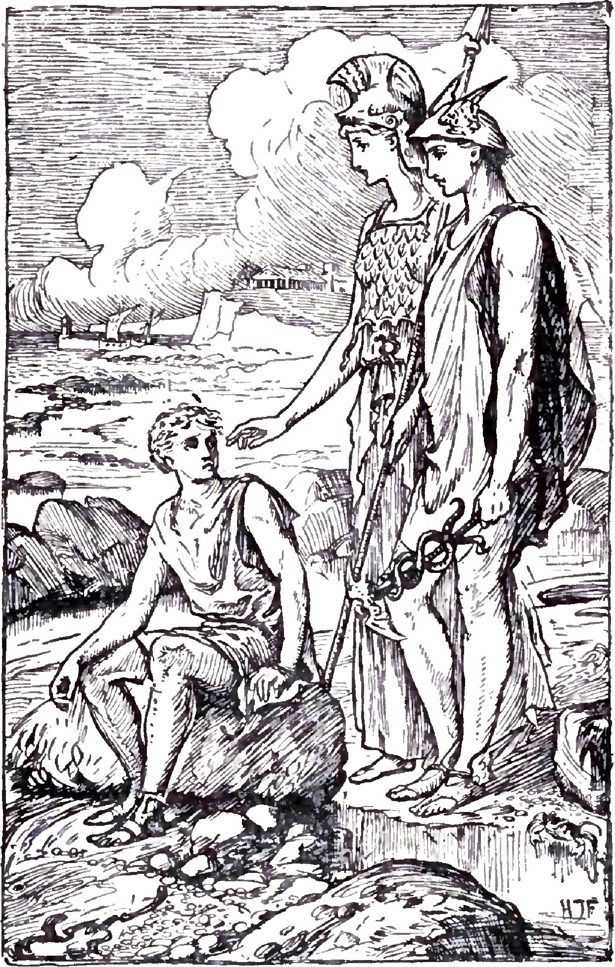 On a stony shore the boy sits bare-legged on a boulder and turns to look up at two tall figures standing over him, a woman in a crested helmet and scaled corslet who stretches a hand toward his head with a long spear shaft at her side running out of the top of the picture, and beside her a young man in a broad winged cap and trailing cloak with a staff at his waist that has two serpents twisted about it, while behind them a bay holds a small sailing boat and a colonnaded building stands on the headland