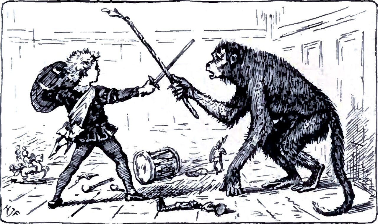 Little Day, a small boy in a long buttoned coat, a sash tied in a bow at his waist, knee breeches, ribbed stockings and buckled shoes, with a broad-brimmed hat slung on his back, braces himself in a wide fencing stance and thrusts a slender foil at a large shaggy monkey that faces him open-mouthed across the bare room, one long arm stretched out holding a stick of its own so that the two cross in the air, with a toppled toy drum, a standing toy soldier and other scattered toys on the floor between them