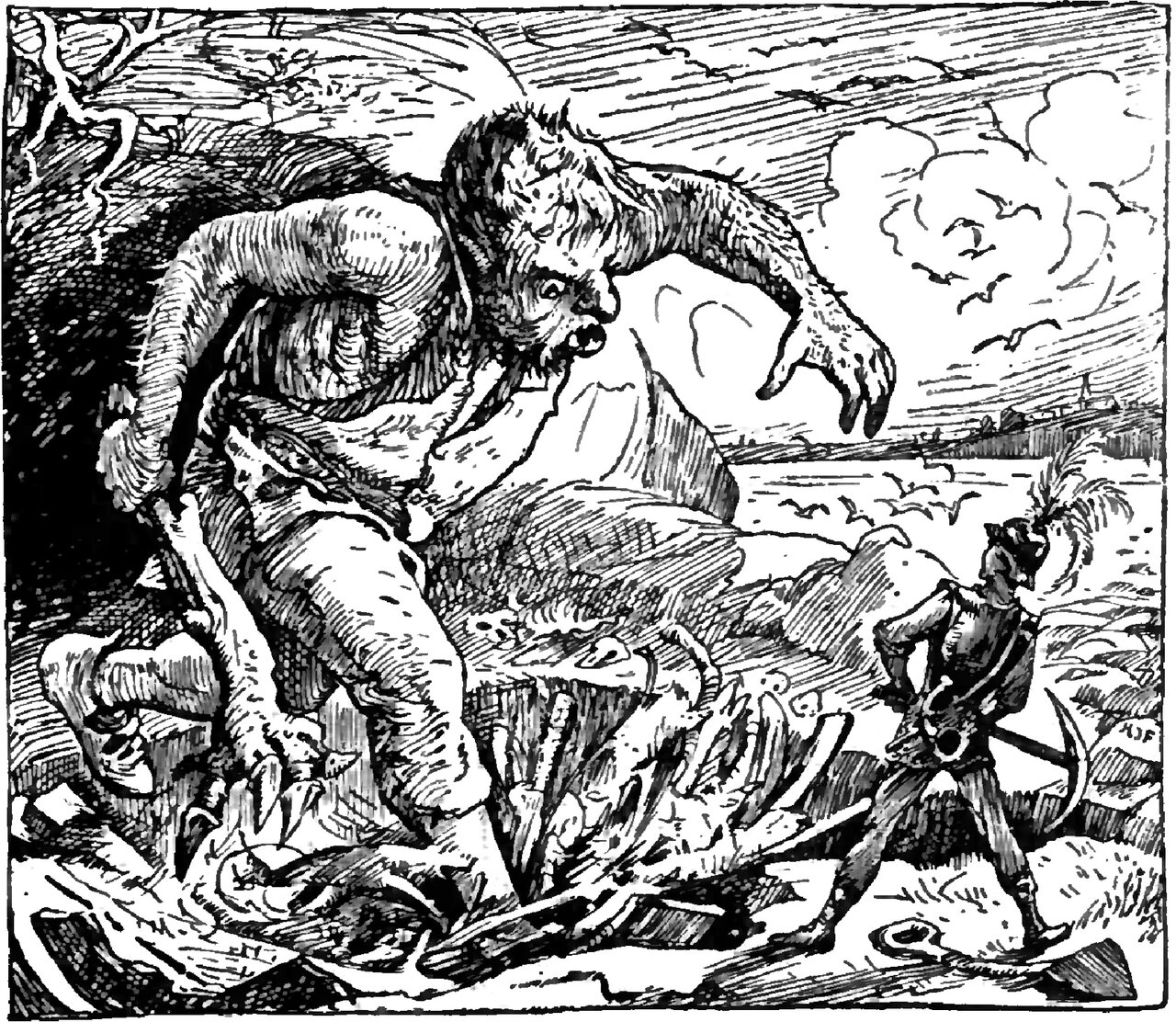 A huge shaggy giant in a ragged sleeveless tunic stoops out of a dark rocky cavern with his mouth open and his arms flung forward, one clawed bare foot planted among the skulls and long bones strewn over the ground, while Jack stands small at the right in a plumed cap and boots, facing him with both hands raised to his mouth to blow a horn, a lantern slung at his hip and a pickaxe and a spade lying beside him, with gulls, water and a low far shore of buildings beyond