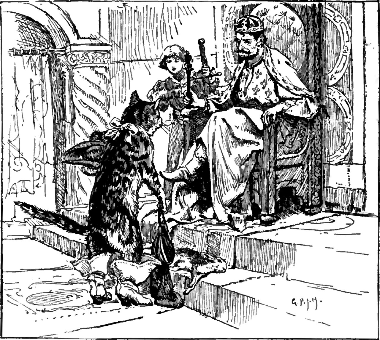 Puss in Boots stands with his back to the viewer at the foot of a throne dais, in a long coat and cuffed boots, a plumed hat swept down in one paw and his tail hanging to the floor, with a dead rabbit lying limp on the step at his feet, while a bearded King sits crowned above him in a fleur-de-lys robe and ermine mantle and a young attendant in a soft cap waits at the throne holding a tall staff and an upright sword
