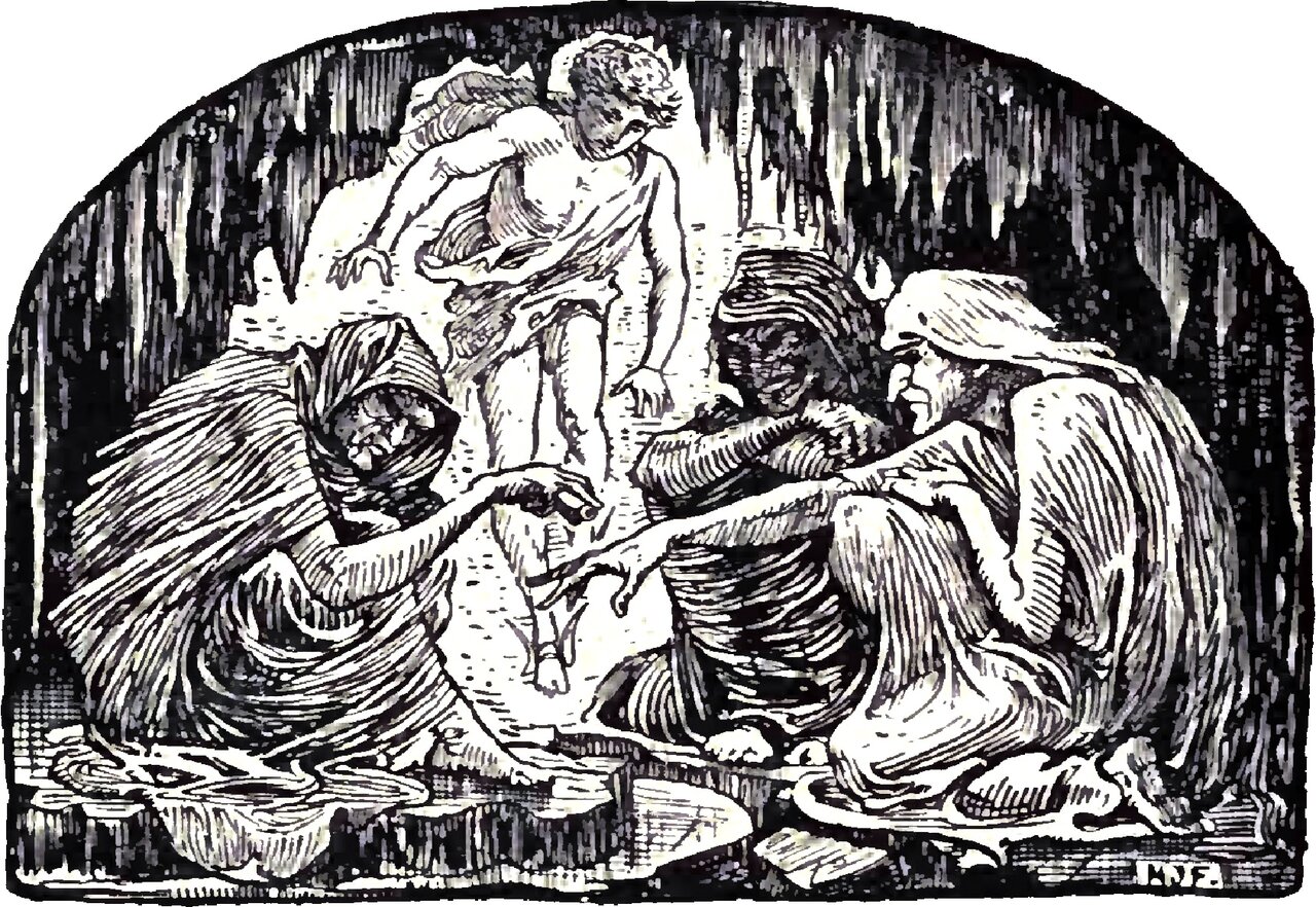 Three old women in heavy hooded wraps crouch together on the floor of a dark cave while the boy, in a short tunic with small wings at his ankles, stoops over them from behind with both hands open and empty above their heads, and one of the women holds a small round object out at arm's length between finger and thumb as another gropes across for it