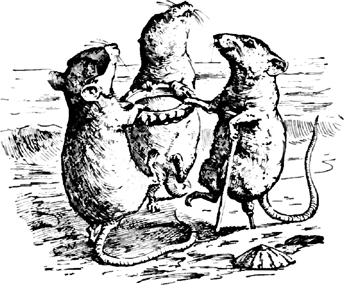 Three mice stand upright on their hind legs on an open shore around a large fish lying on the sand with its head raised and its toothed mouth gaping open, one mouse resting both forepaws on the fish's head, one with a forepaw thrown up in the air, and the lame mouse propped on a long crutch and standing on a wooden peg leg, with a ribbed shell on the sand at the lower right