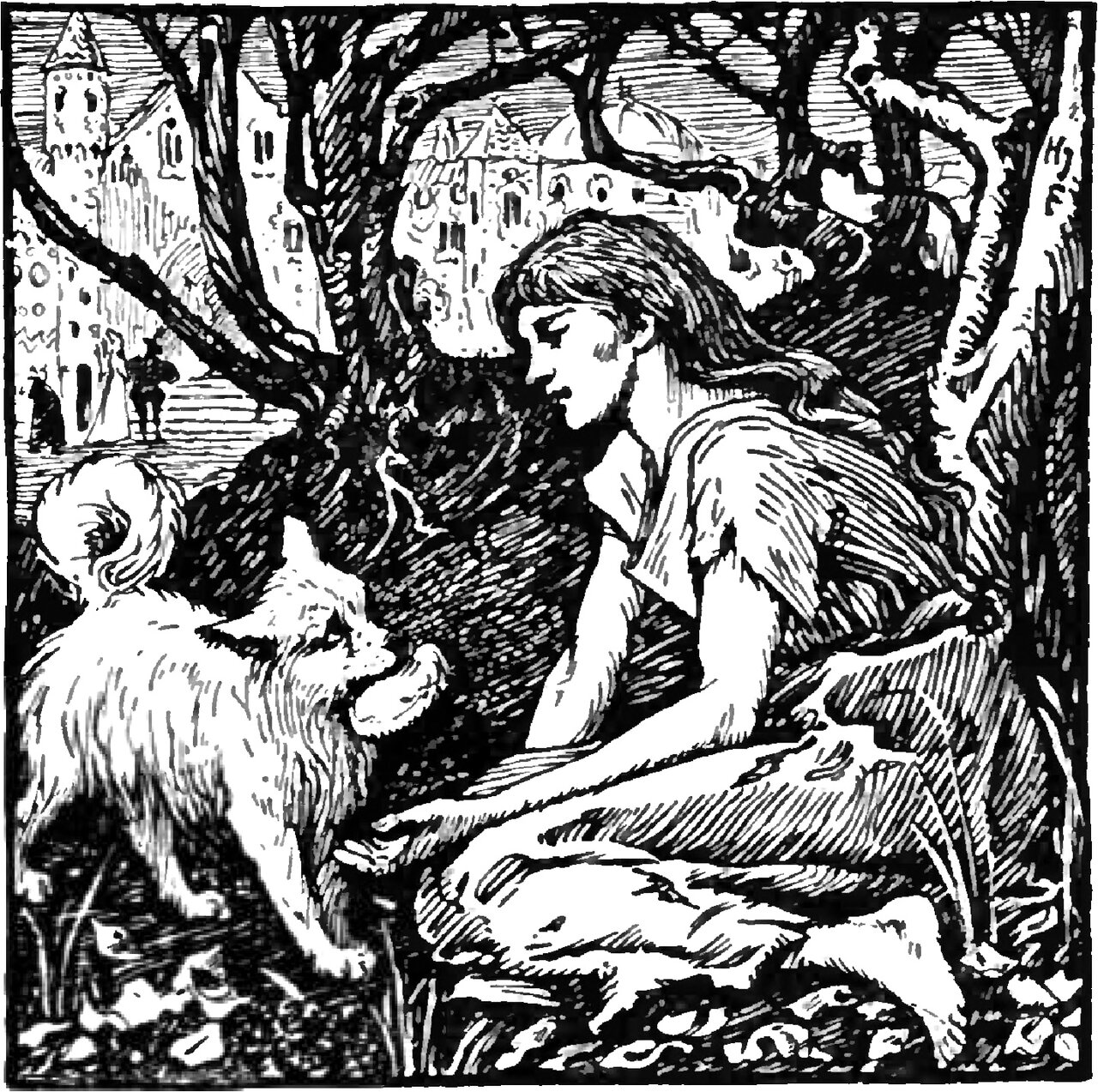 A small long haired white dog stands with its muzzle stretched to the open cupped hand of a barefoot young woman in a loose short sleeved dress, who sits on the ground under leafless branches with a tall pale building of gables, arched windows and a pointed tower rising behind her and a few small dark figures standing near its wall