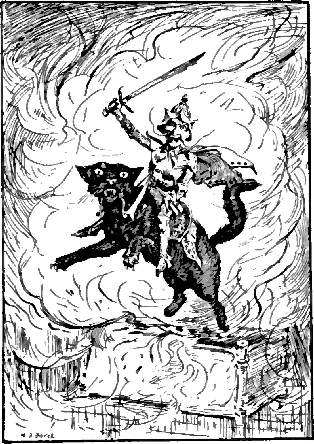In rolling smoke a small crowned figure with a long beard rides astride a pair of great black cats harnessed abreast, holding a sword up at arm's length above his head; both cats have their mouths open and their forelegs thrown out and their tails curl up behind, and below them stands the carved post and rail of a bed