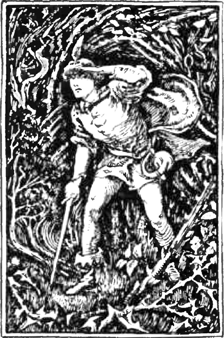 The Prince, a young man in a soft cap with his cloak flying out behind him, forces his way forward through a dense tangle of trees, branches and thorny brambles, one arm raised across his brow and his lowered hand gripping a long straight staff that slants down into the undergrowth