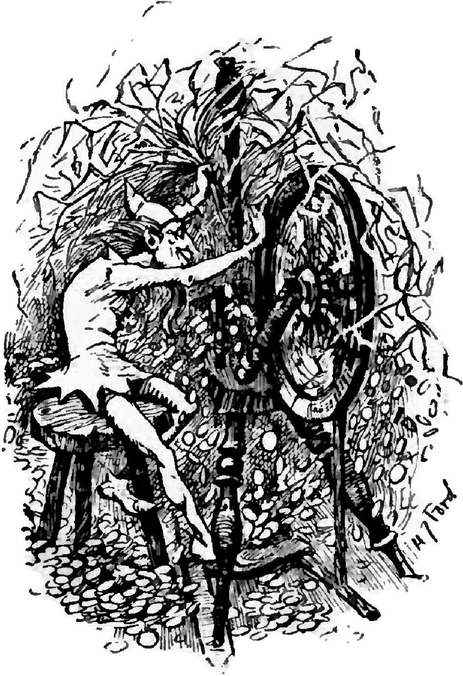 Rumpelstiltzkin, in his peaked cap, bends double in a thicket of leaves and bare branches with his mouth open, one hand gripping his own outstretched bare leg, the ground beneath him thick with fallen leaves