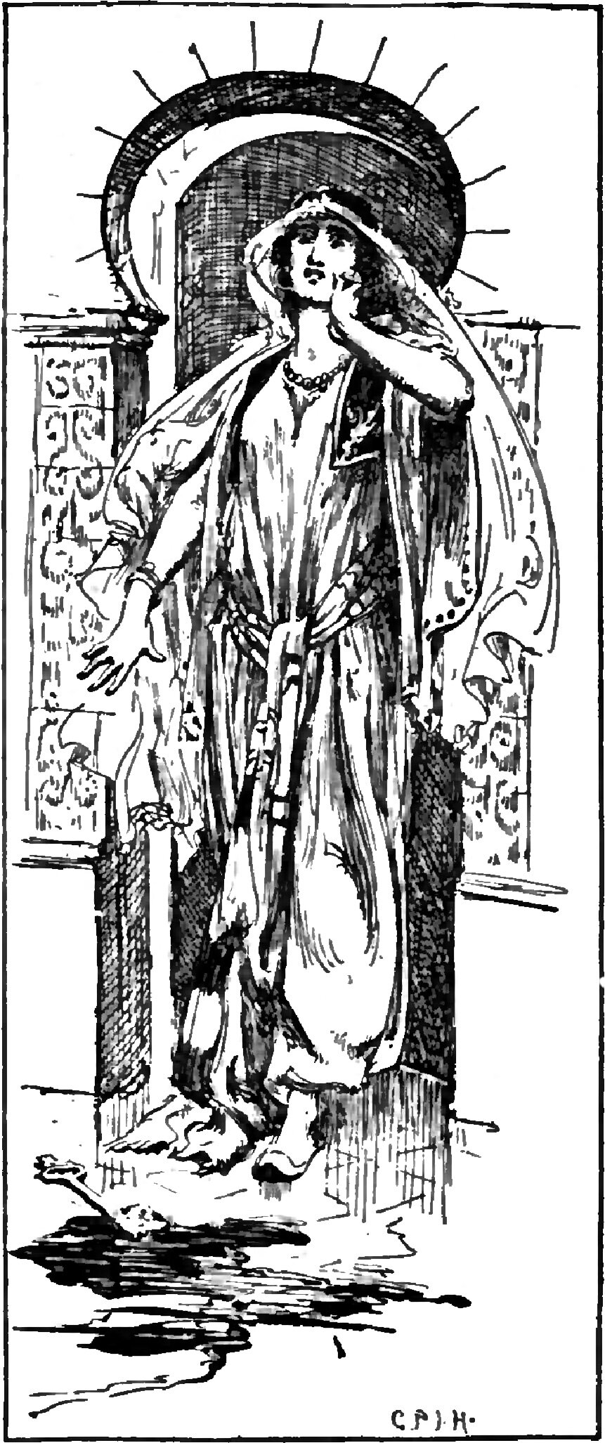 Blue Beard's wife stands barefoot in a dark arched doorway, straight rays spreading outward from the arch behind her, her head thrown back and her mouth open, one hand raised against her cheek and the other hanging open at her side, while a black pool spreads across the floor in front of her with a bare arm and open hand lying in it