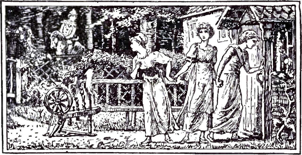 A wide vignette of three young women in loose high-waisted gowns walking in a line before a wattle fence and the porch of a thatched building, the first turning back with one arm stretched out behind her, the second following with her head up, the third stooping at the doorpost; a spinning wheel with its treadle stands on the grass at the left, and beyond the fence, among tree trunks in the shadow, a seated figure in a tall pale headdress watches