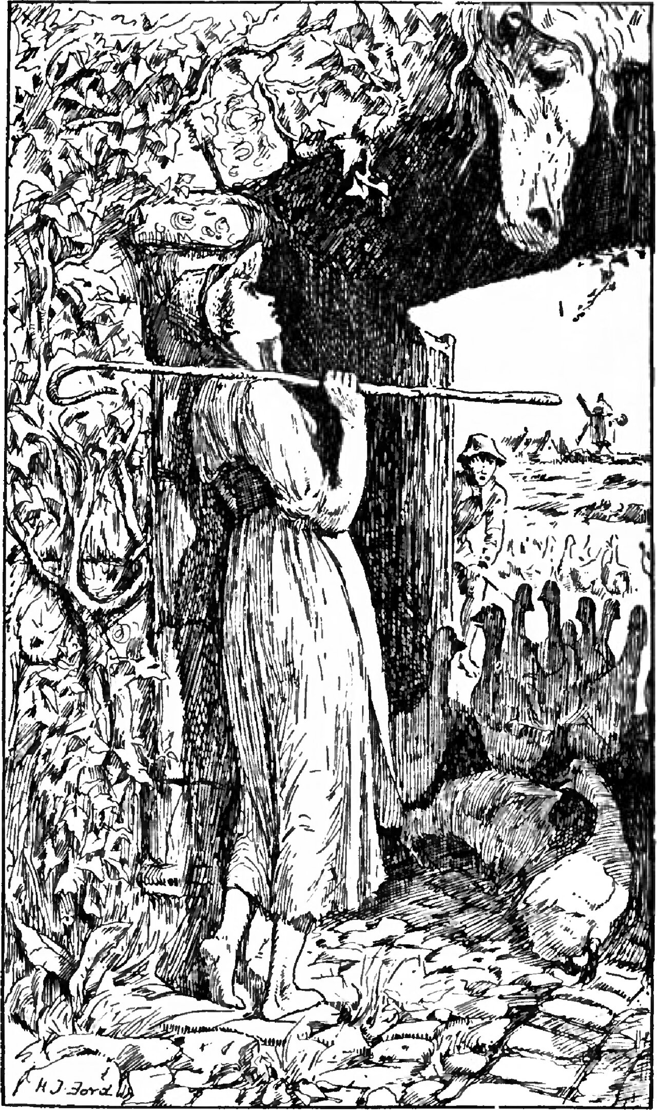The goose-girl stands barefoot in the shadow of an ivy-grown gateway, holding a shepherd's crook level in both hands and lifting her face with parted lips toward a horse's head fixed high on the wall above her, while Curdken looks back at her from among the geese crowding the sunlit field beyond and a small figure strides in the far distance with one arm flung up