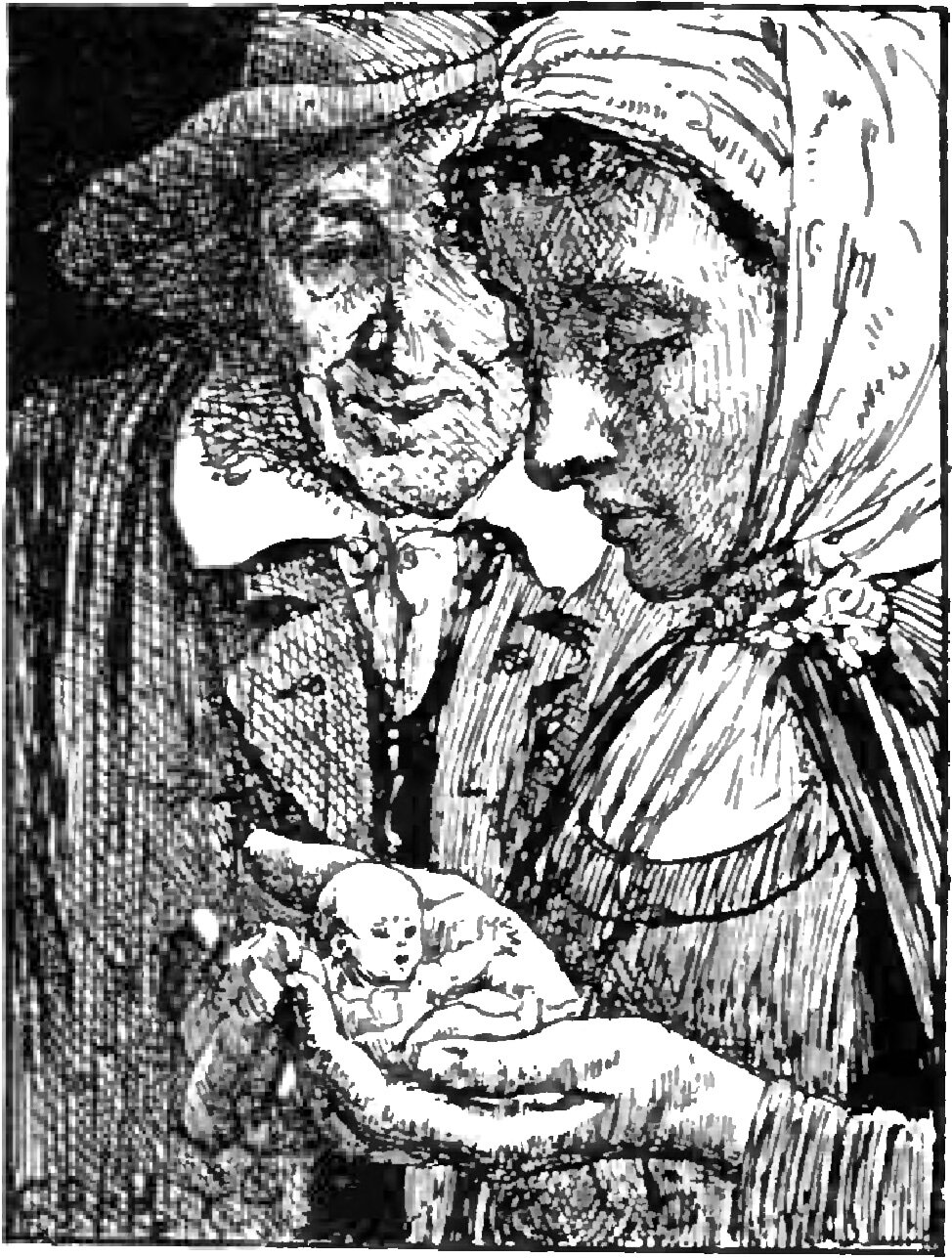 A bearded man in a soft cap and a woman in a white kerchief lean their heads close together and look down at a naked newborn baby lying across a large open hand, the child no longer than the palm that holds it