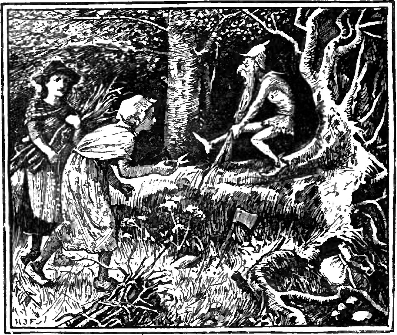 In a wood the dwarf, a little old man in a tall pointed cap, squats on a felled tree trunk with his long beard hanging straight down to the wood and gripped in both his hands, while Snow-white and Rose-red stand at the left, one bending over the trunk with a hand stretched out toward him, the other watching from behind in a wide hat