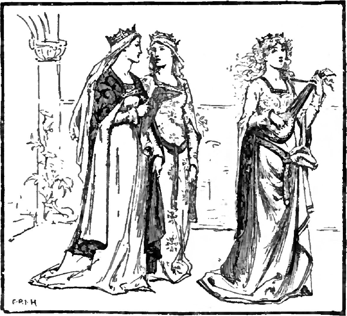 Two crowned princesses in veils and patterned mantles stand face to face in conversation, while Miranda stands apart at the right, uncrowned, her loose hair wreathed with flowers, one hand raised holding up a fold of drapery that falls across her plain gown, a bowl of plants on a pillar behind them at the left
