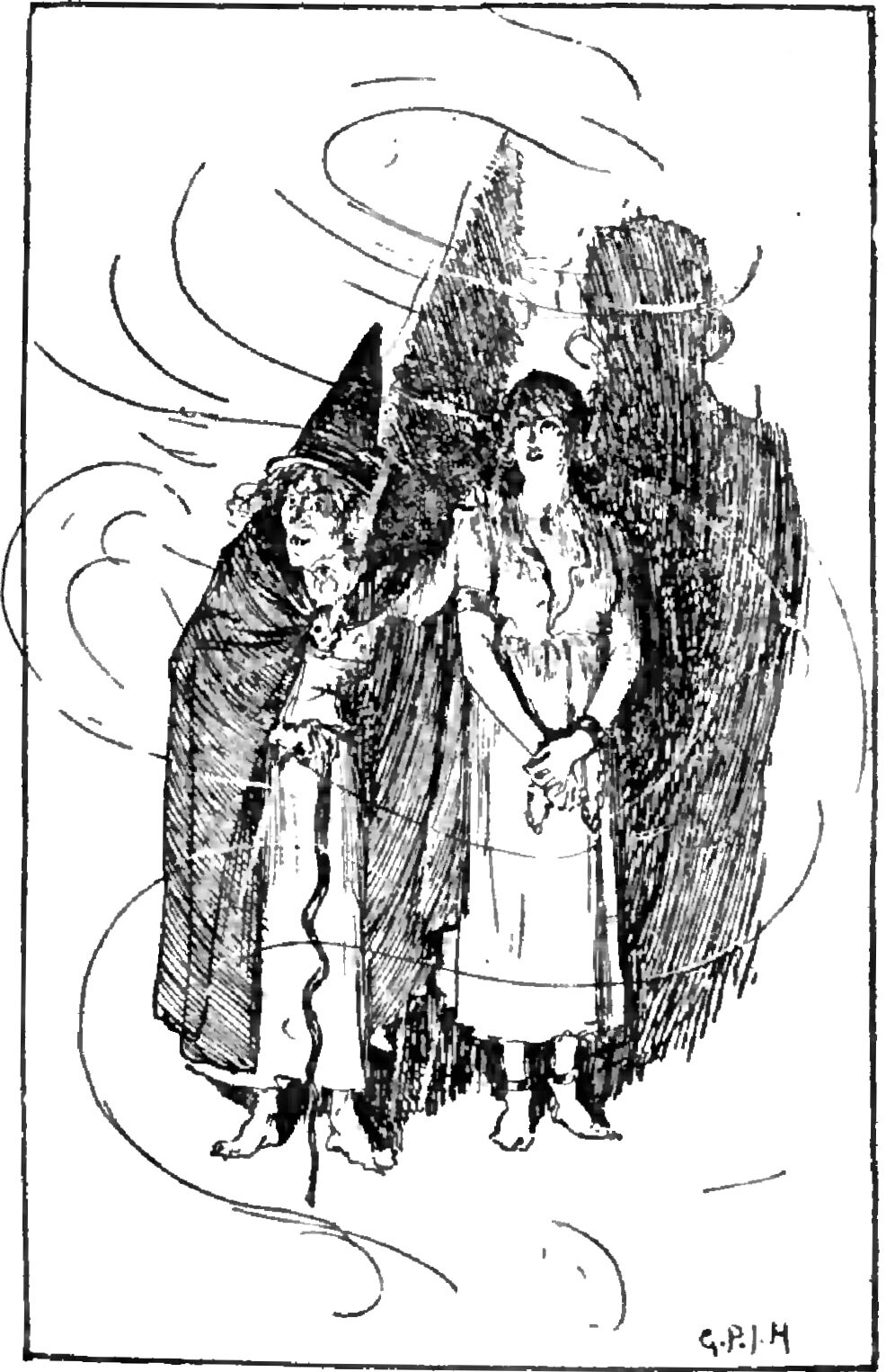 The fairy Ragotte, a small old woman in a tall pointed hat and a cloak clasped at the throat, stands barefoot at the left with her wrinkled face turned down and something thin and wavy hanging from her hand to the ground, and beside her stands a taller barefoot young woman in a pale gown, her long dark hair loose, her hands folded at her waist and a dark band round one wrist, the pair ringed by broad swirling lines with tall dark hatched masses rising behind them