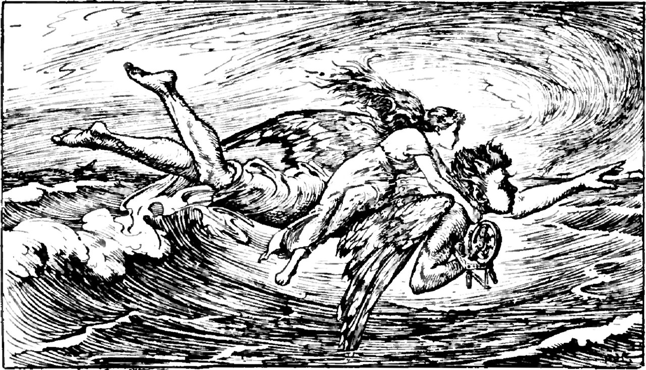 The North Wind, a winged man with hair and beard blown back in dark masses and both arms stretched forward, flies outstretched and low over a heaving sea with the youngest daughter lying along his back, her bare legs and feet hanging toward the water, a small spinning wheel with a spoked wheel and a treadle stand carried against his chest, and his own bare trailing feet and one wingtip reaching into the waves and spray