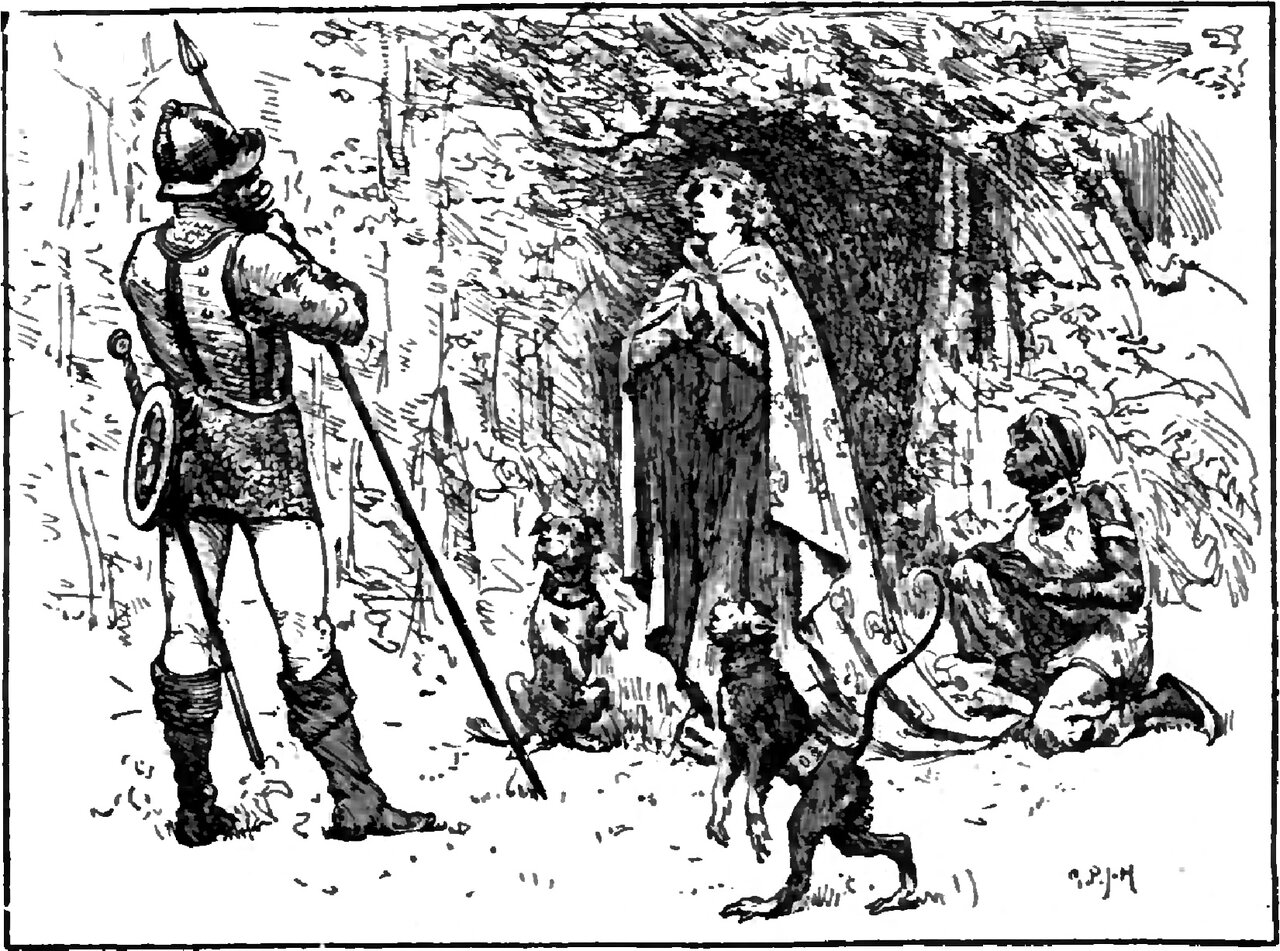 In the forest the Captain of the Guard stands at the left with his back to us, a helmet on his head, a long pike upright in both hands and a small round shield and sword at his hip, while Miranda stands against a dark bank of foliage with her hands clasped at her breast and her face raised, Tintin sitting up on his haunches at her left, Grabugeon standing upright on her hind legs in front of her with her long tail curling up behind, and Patypata sitting on the ground at the right in a striped turban with her hands together before her