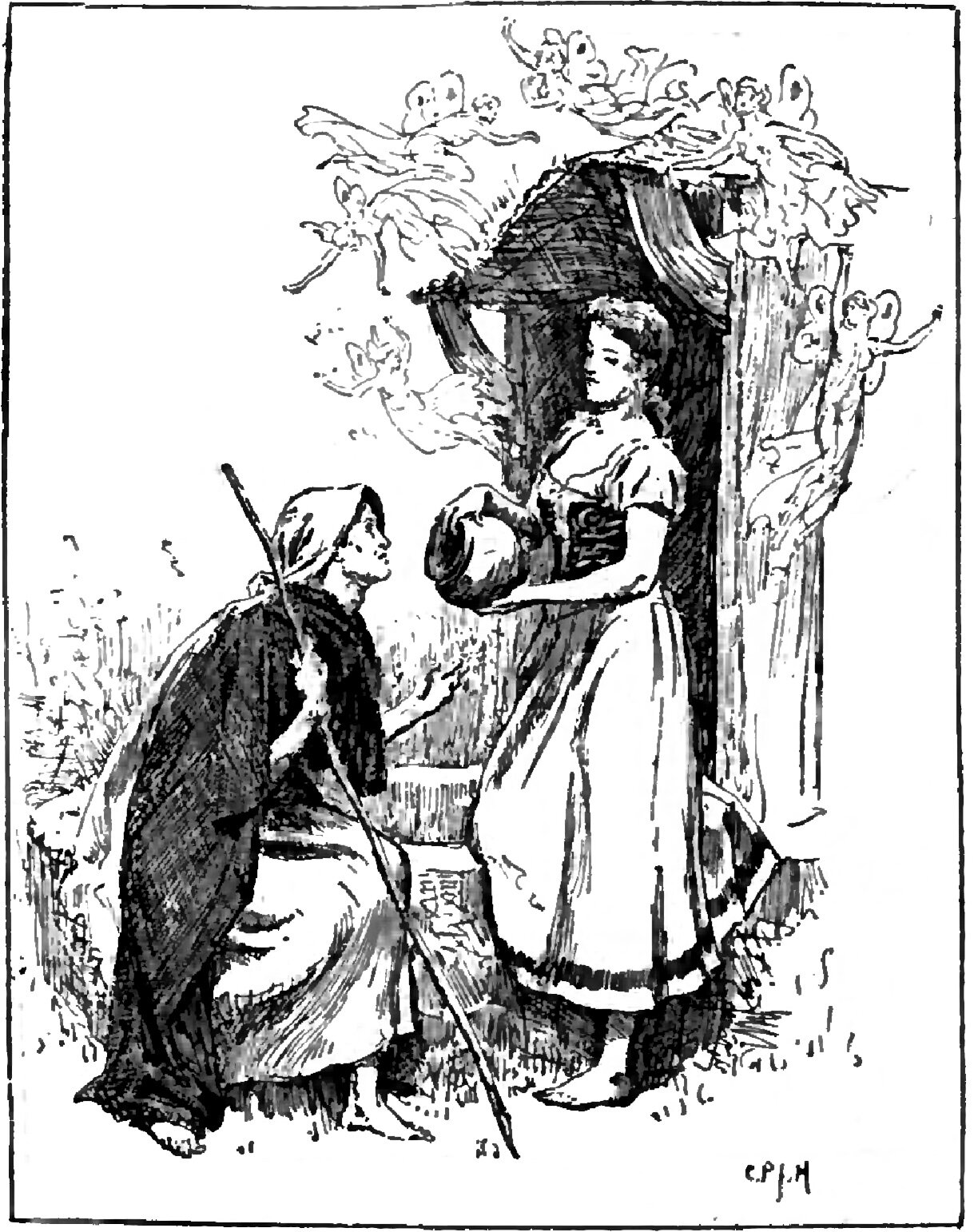 Beside the thatched hood of a well, under a tree in flower, a young woman in a plain gown and apron holds out a round earthen pitcher in both hands toward a bent old woman in a headcloth and a heavy cloak, who leans on a long staff and looks up into her face