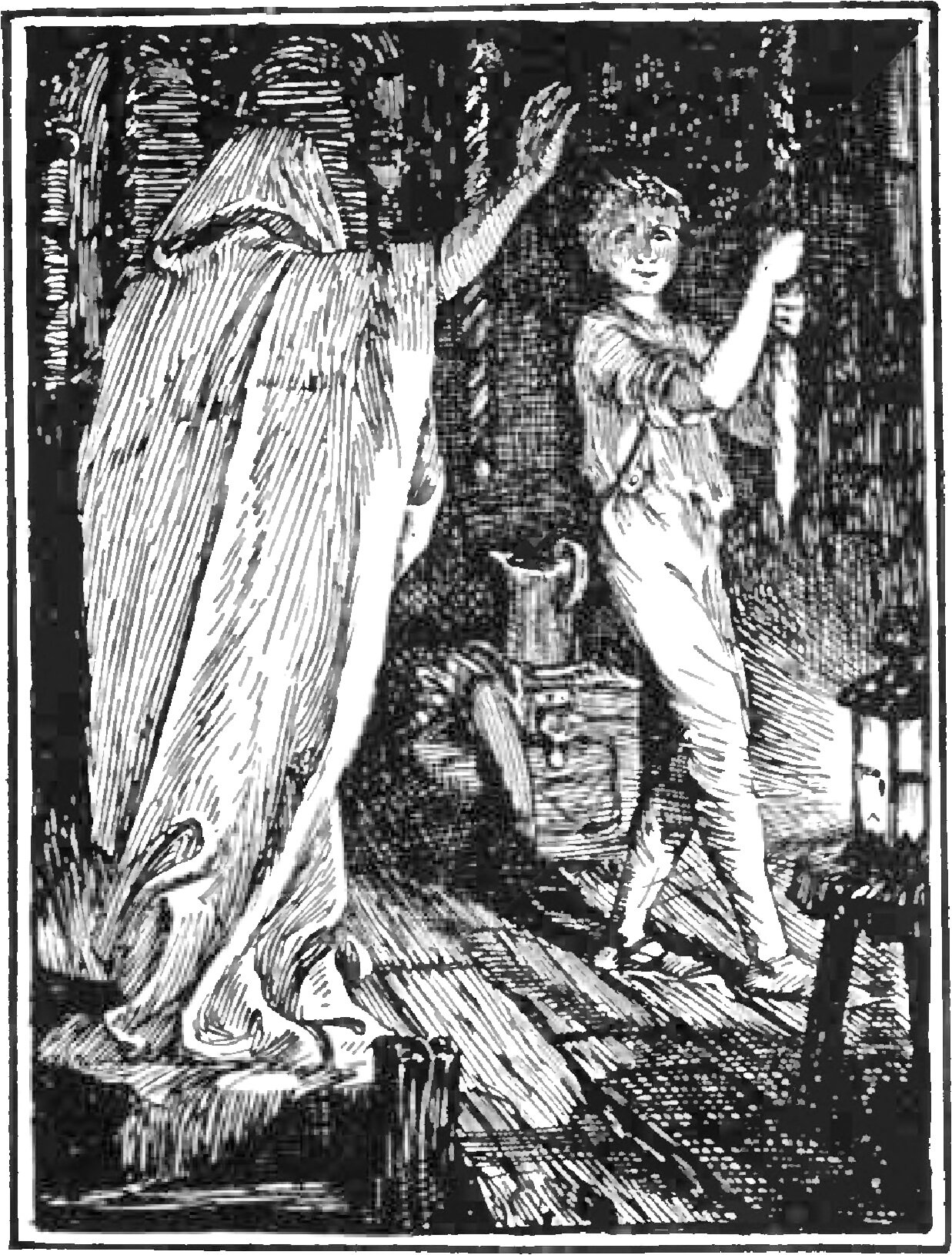 A figure shrouded head to foot in a white sheet, its face hidden, stands with one arm raised in a dark interior, and the youth faces it bare-headed in a loose open shirt, one hand at his breast and the other lifted, with a lantern burning in the dark at the right