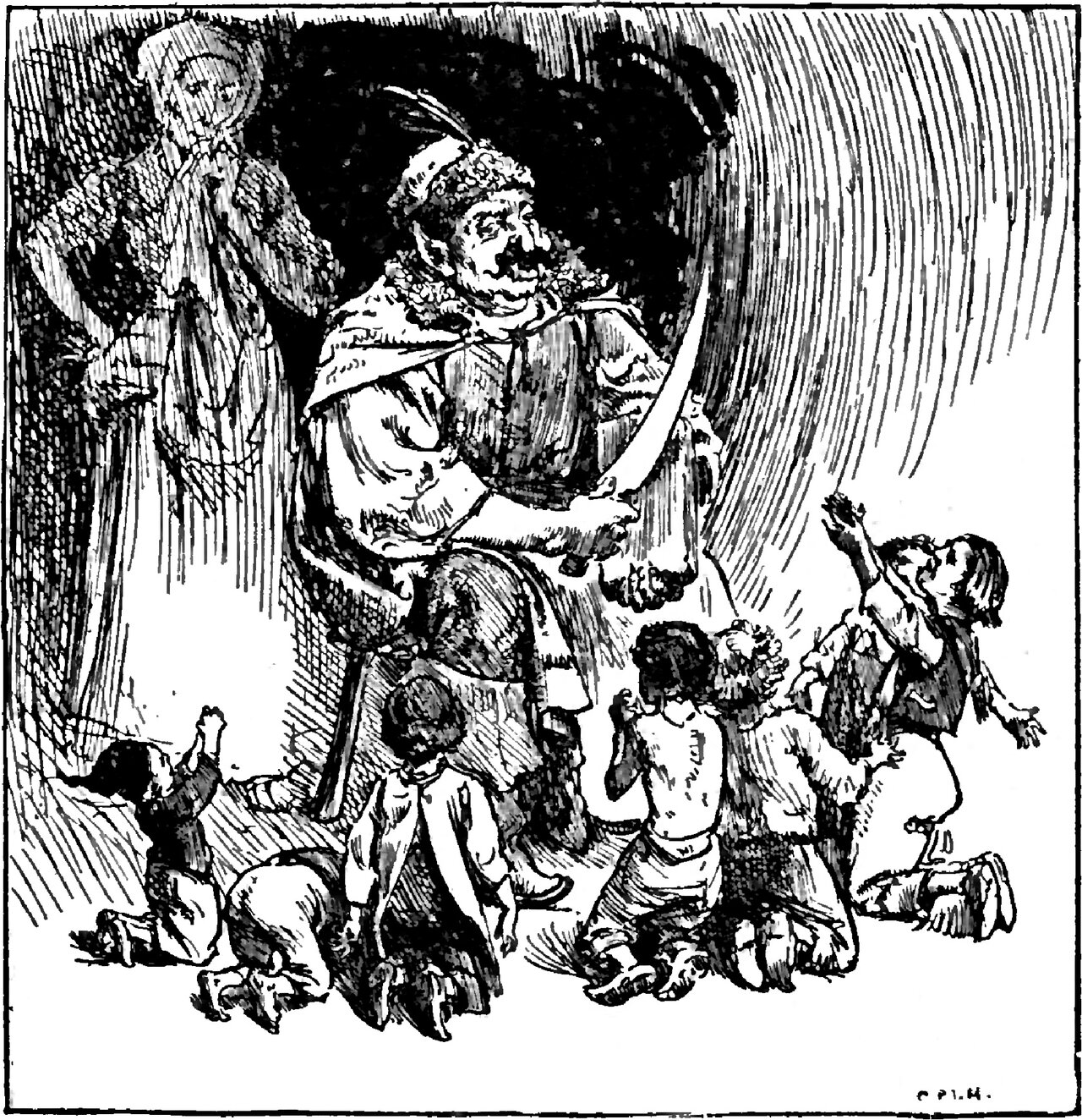 The Ogre, a heavy man with a moustache and side-whiskers in a feathered cap and a cloak, leans forward holding a long curved knife up beside him, while six or seven small boys kneel on the floor in front of him with their hands raised and one of them bowed with his head to the ground, and a woman stands watching from the shadows at the left with her hands together